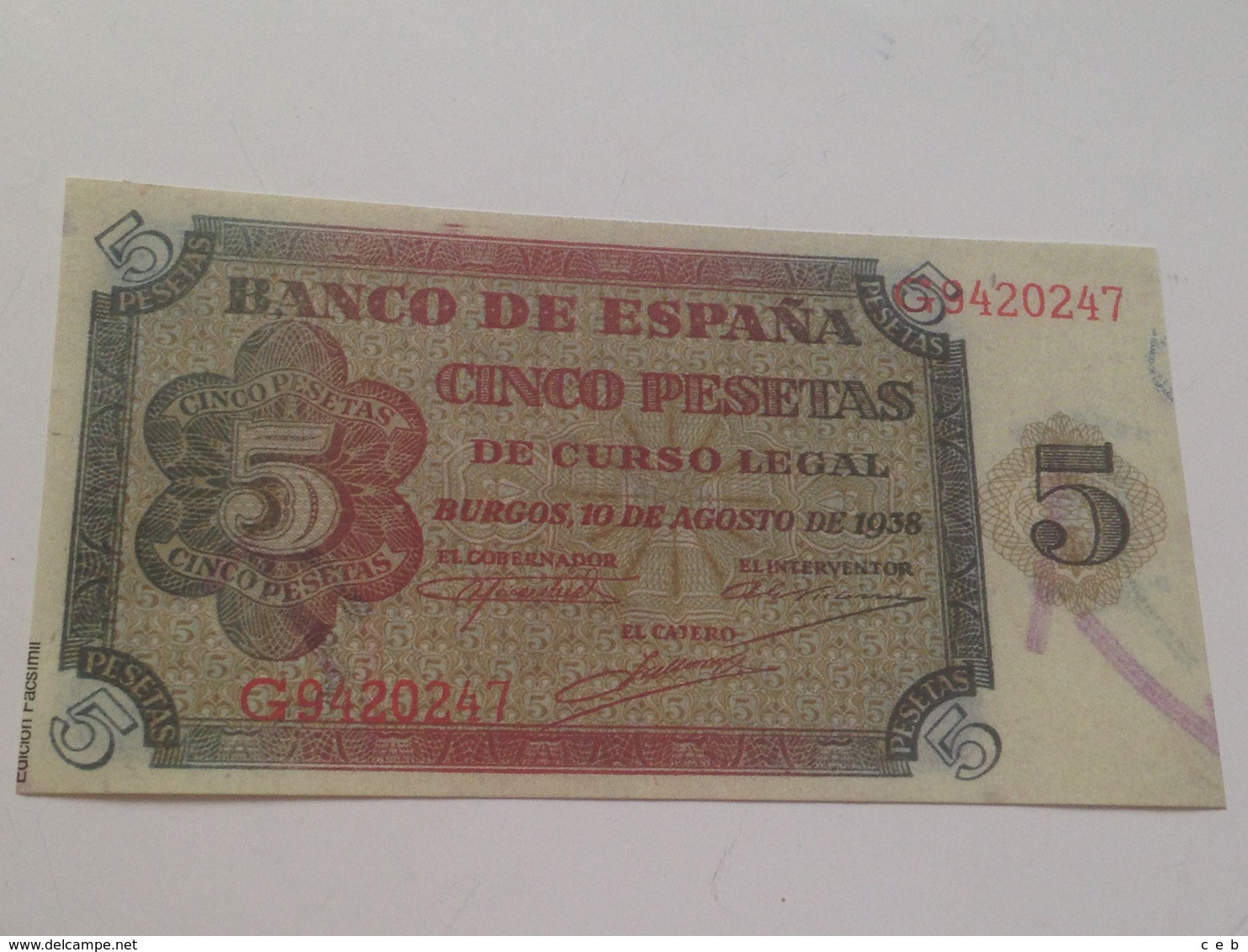 Billete 5 Pesetas. 1938. Burgos. Estado Español. Guerra Civil. Facsimil. Sin Circular - 5 Pesetas