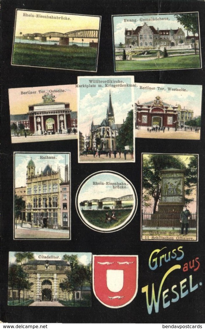 WESEL, Rhein-Eisenbahnbrücke, Ev. Gemeindehaus, Berliner Tor, Rathaus (1910s) AK - Wesel