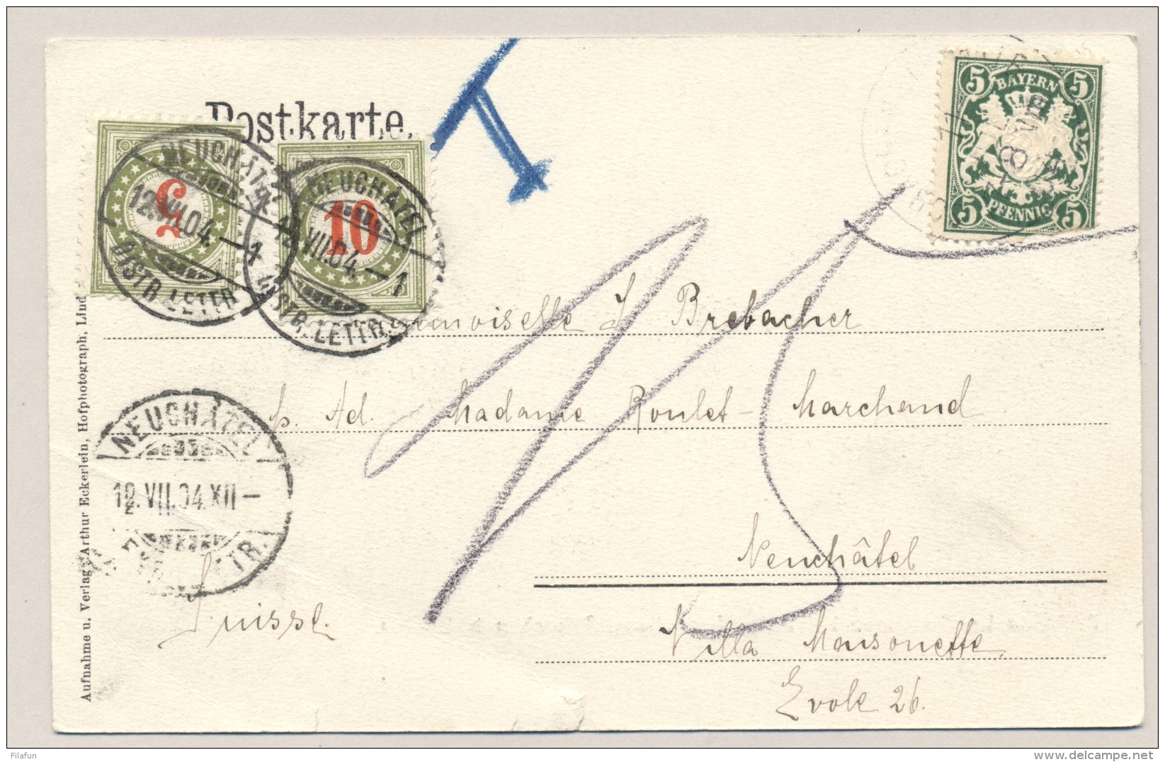 Schweiz - 1904 - 5c &amp; 10c Portomarke On Postkarte From Deutschland To Neuchatel - Portomarken