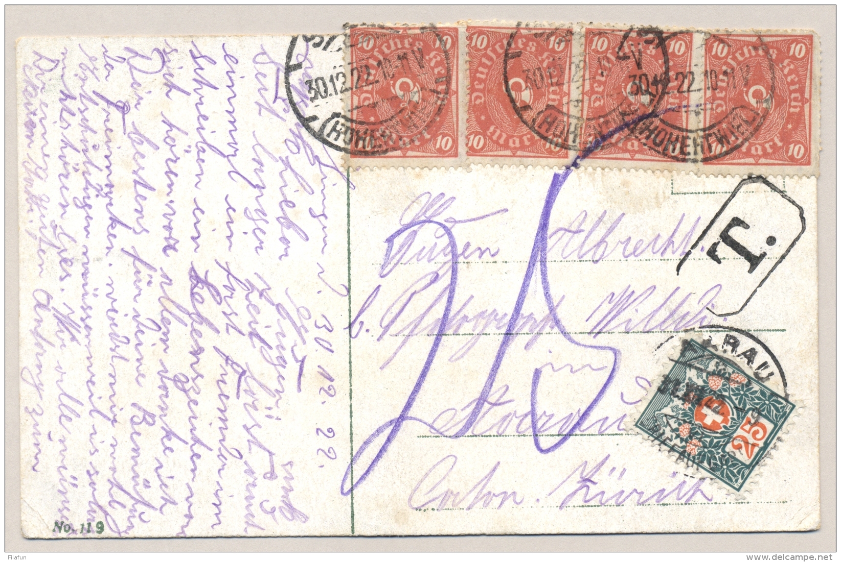 Schweiz - 1922 - 25c Portomarke On Postkarte From Deutschland To Aarau - Strafportzegels