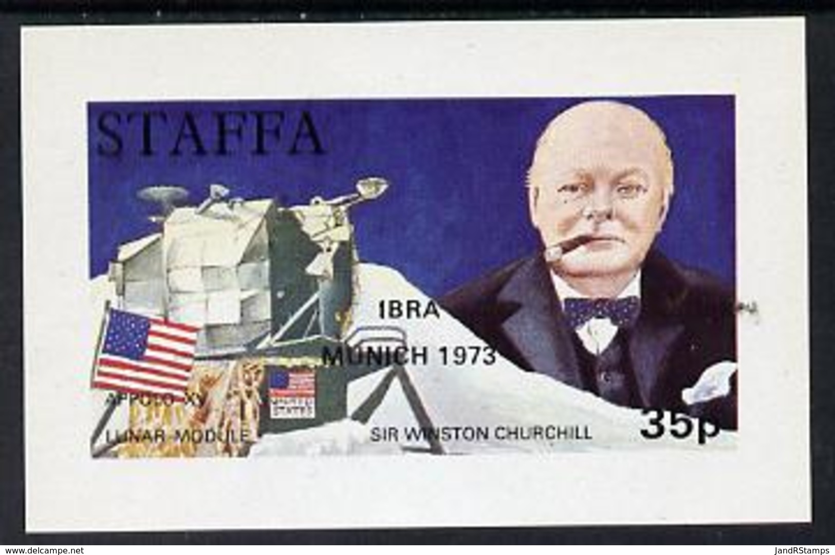 Staffa 1972 Pictorial Imperf Souvenir Sheet (35p Value) Churchill & Luna Module (opt'd IBRA Munich 1973)  SPACE STAMP EX - Local Issues