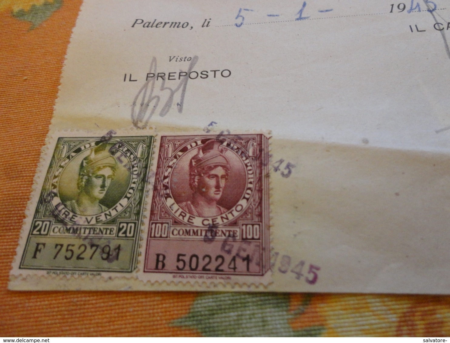 MARCHE DA BOLLO TASSA DI TRASPORTO LIRE 100 + LIRE 20-1945 SU RICEVUTA - Revenue Stamps