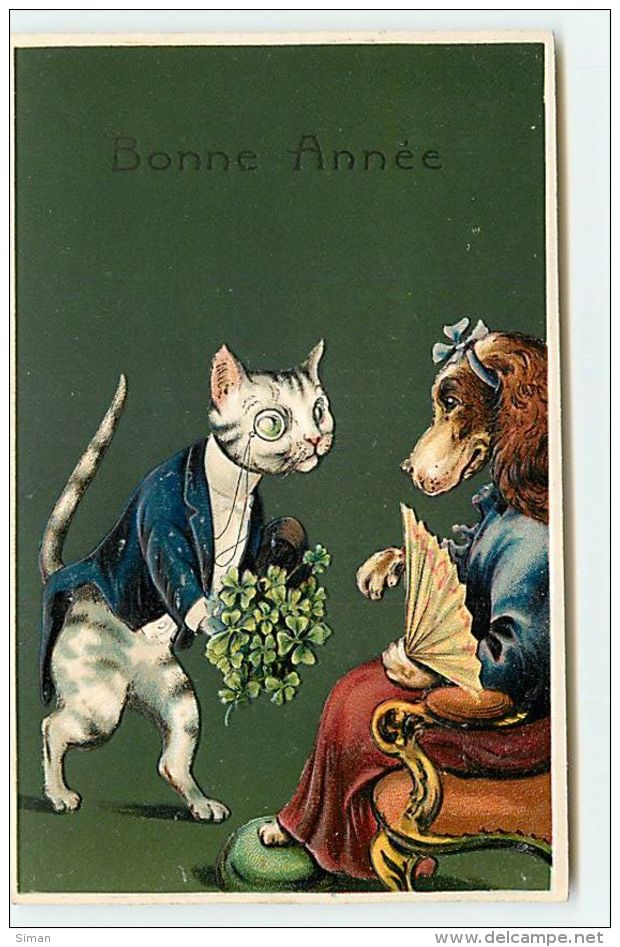 N°10946 - Carte Fantaisie Gaufrée - Bonne Année - Chien Et Chat Habillés - Nouvel An