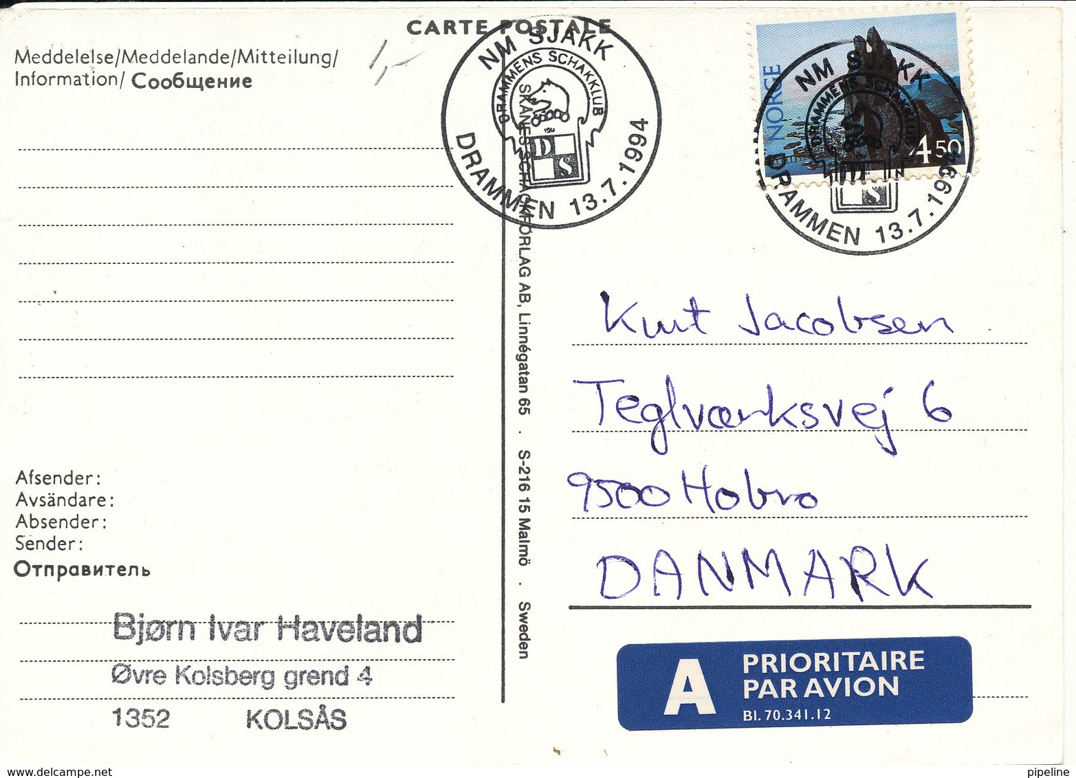 Norway Carte Postale CHESS Postmark Drammen 13-7-1994 Sent To Denmark - Echecs