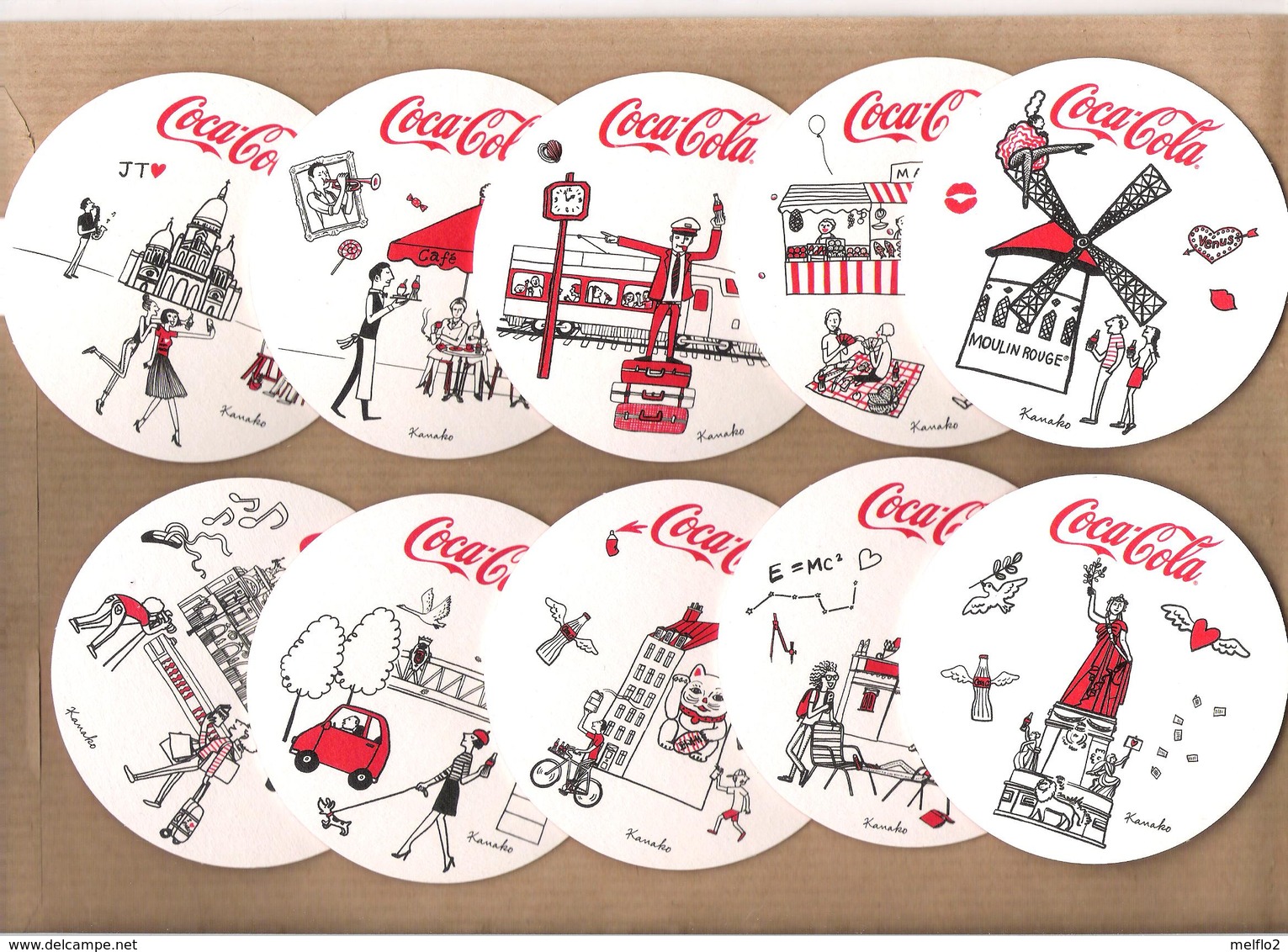 10 SOUS BOCKS    COCA COLA   SÉRIE LES QUARTIERS DE PARIS EN BOUTEILLE  RECTO ET VERSO /  ILLUSTRATIONS DE KANAKO - Sous-bocks