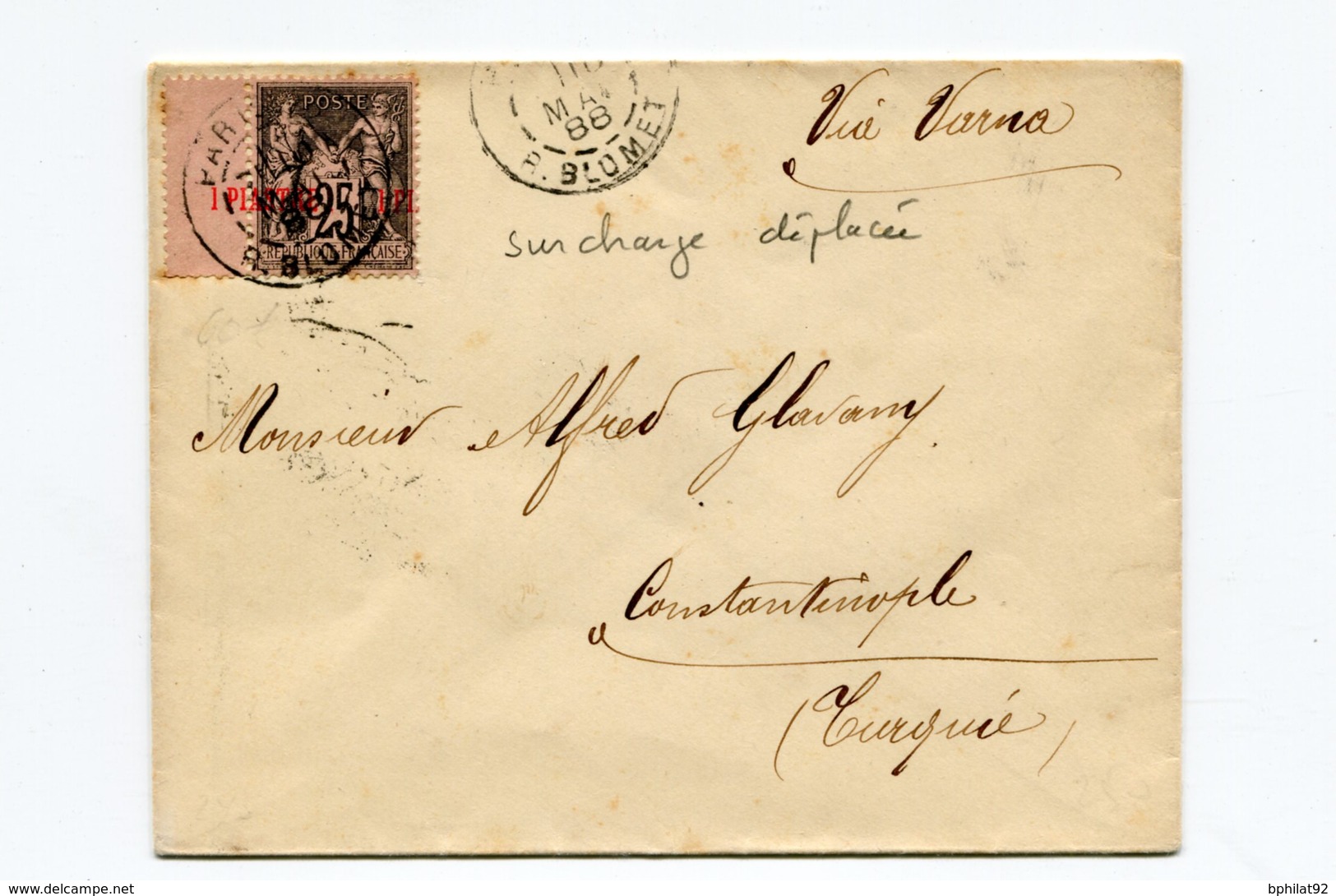 !!! PRIX FIXE : LETTRE DE PARIS DE 1888 POUR CONSTANTINOPLE, AFFRANCH AVEC TP DU LEVANT SURCH DEPLACEE - Lettres & Documents