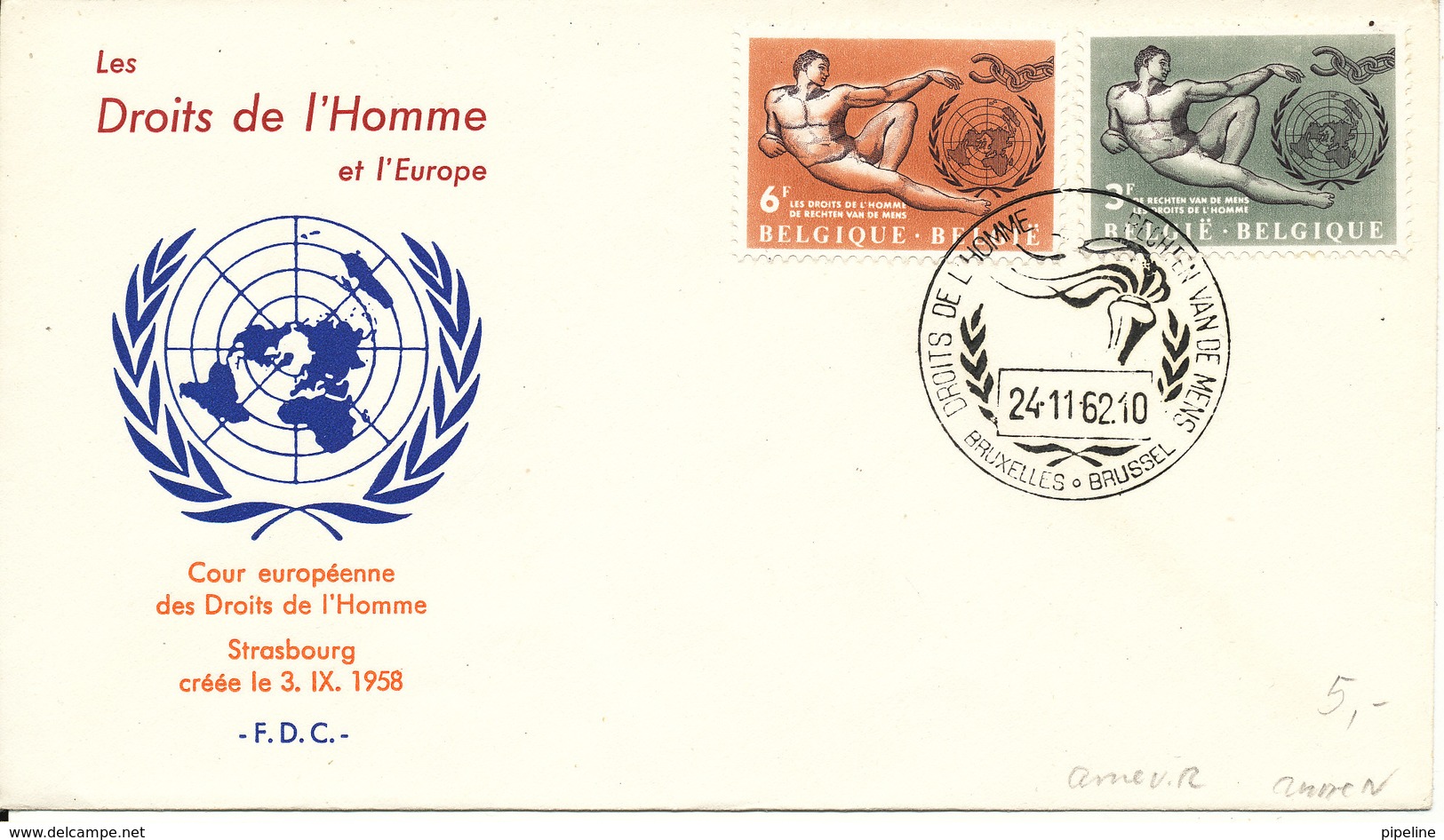 Belgium FDC 22-11-1962 Human Rights Complete Set Of 2 With Cachet - 1961-1970