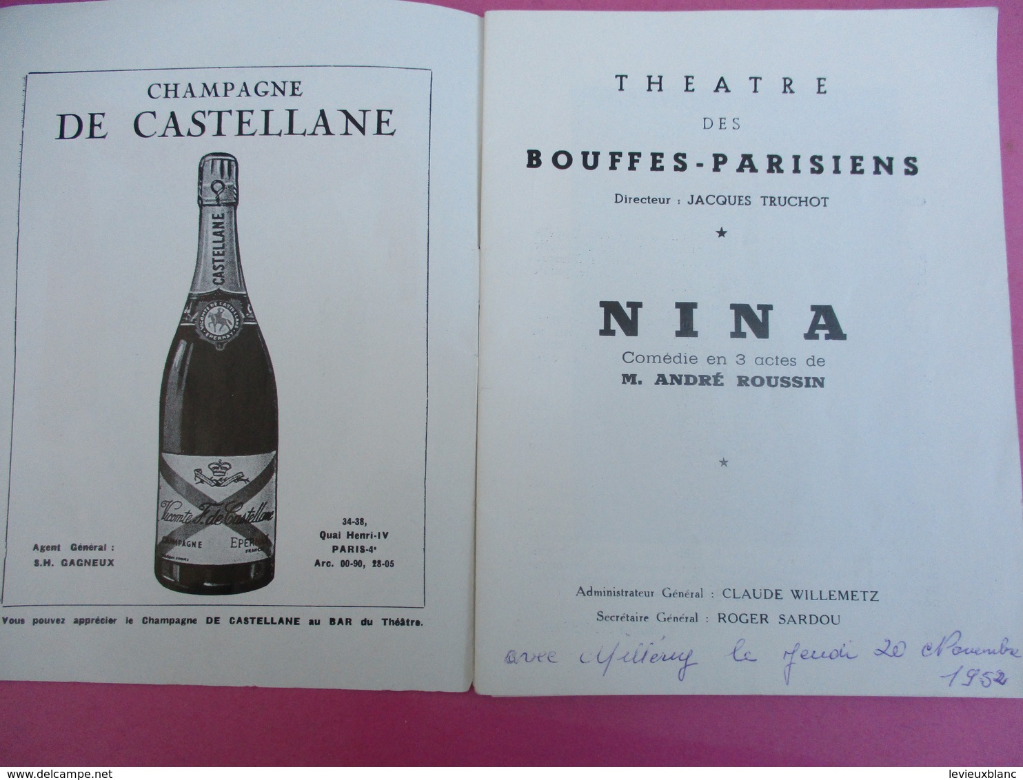 Théâtre Des BOUFFES PARISIENS/ NINA/ André Roussin/Elvire POPESCO/Guy Saint Clair/ 1952   PROG177 - Programma's