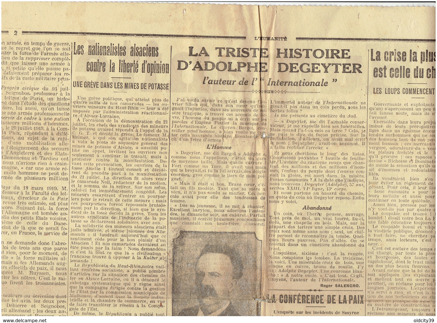 L 'HUMANITE  ( 2 Pages) La Triste Histoire D'Adolphe DEGEYTER , Auteur De L'INTERNATIONALE ; 15  Aout 1919 - 2 Scans - Autres & Non Classés