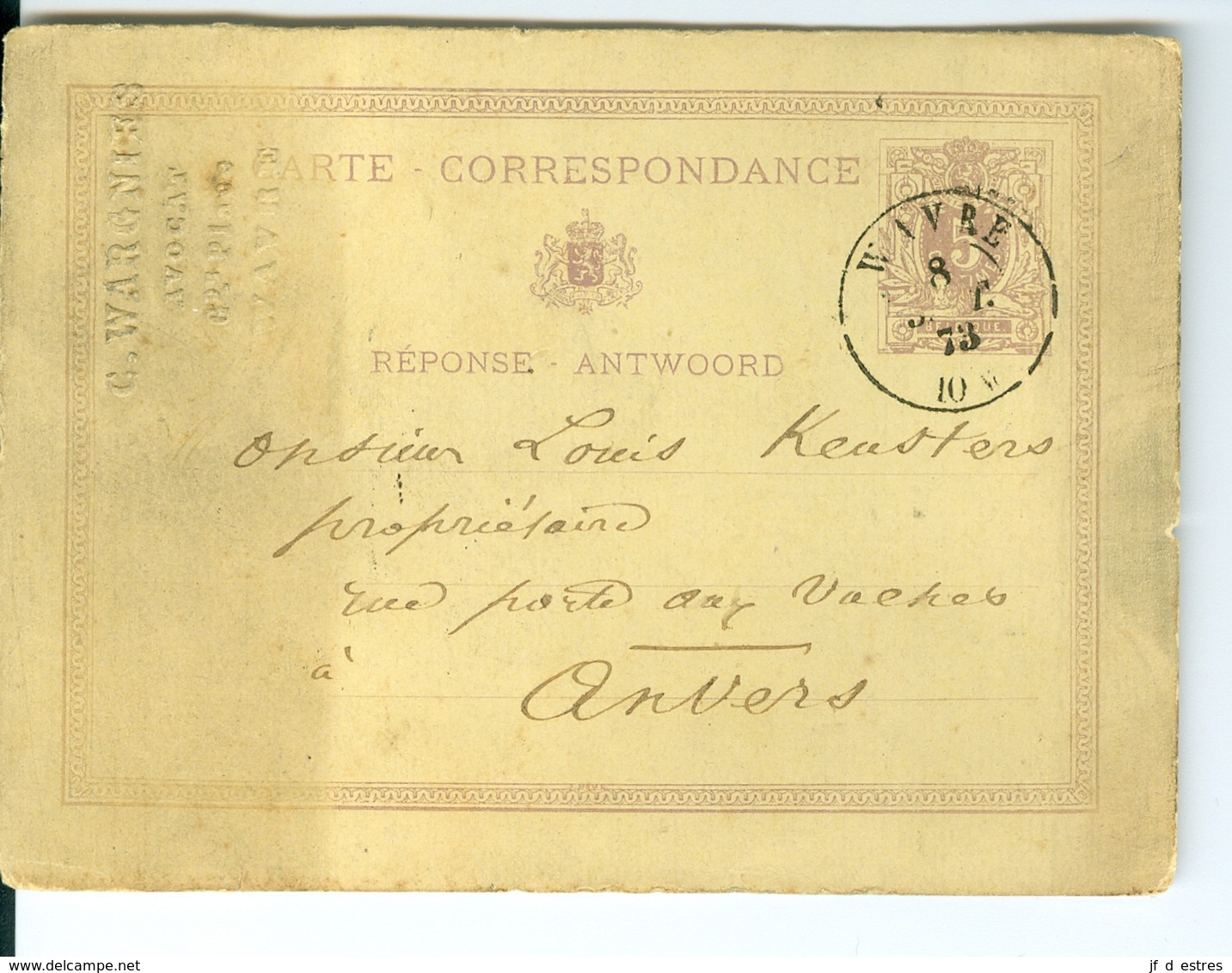 Carte Correspondance AS CàD Wavre  1873  De G. Wargnies Avocat à Wavre Entier Postal Postwaardestuk - Postkarten 1871-1909