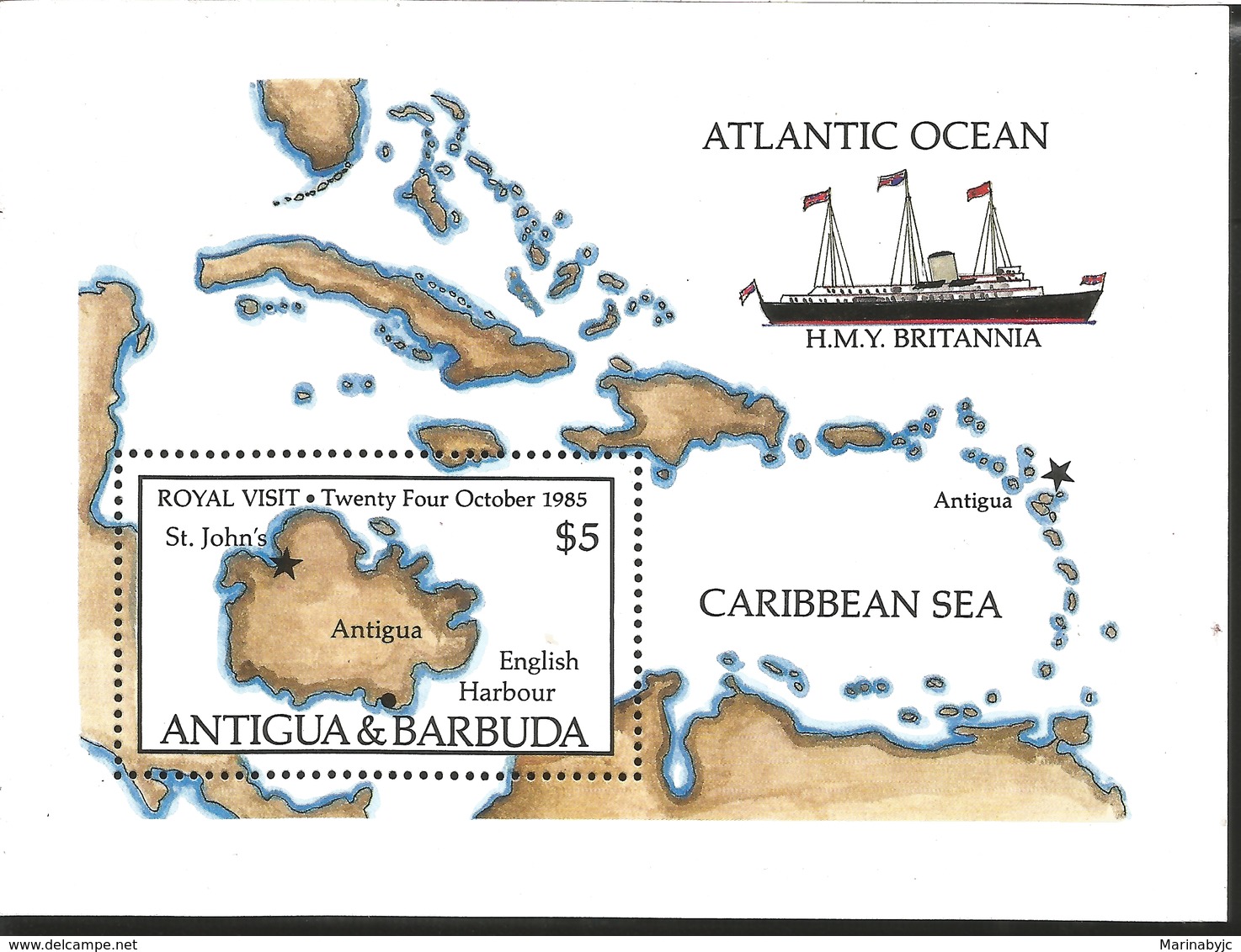 J) 1985 ANTIGUA AND BARBUDA, MAP, BOAT, ATLANTIC OCEAN, CARIBBEAN SEA, SOUVENIR SHEET, MNH - Antigua And Barbuda (1981-...)