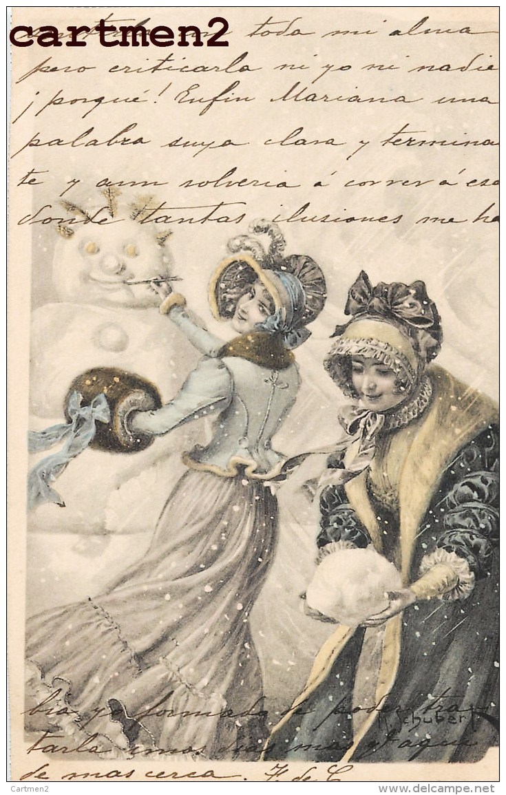 ILLUSTRATEUR SCHUBERT JOYEUX-NOEL VIENNOISE COUPLE M.M. VIENNE M. MUNK HIVER BONHOMME DE NEIGE  1900 - Schubert