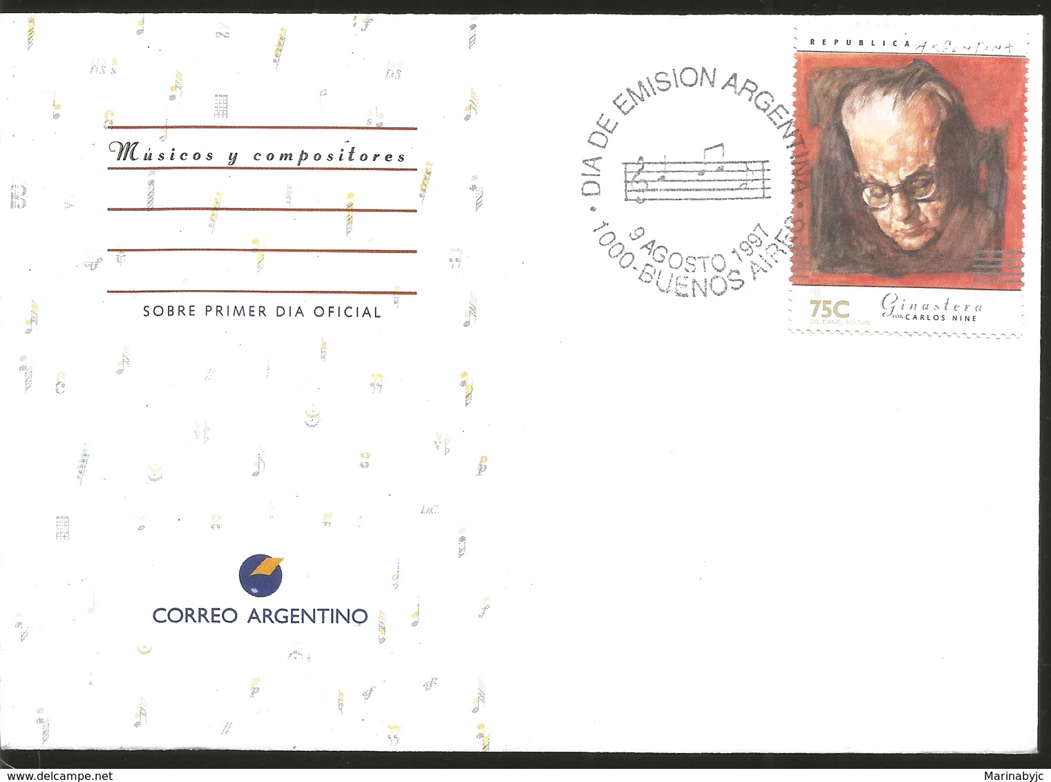 J) 1997 ARGENTINA, MUSICIANS AND COMPOSERS, PIAZZOLLA BY CARLOS ALONSO, GINASTERA BY CARLOS NINE, ROILO BY HERMENEGILDO - Cartas & Documentos