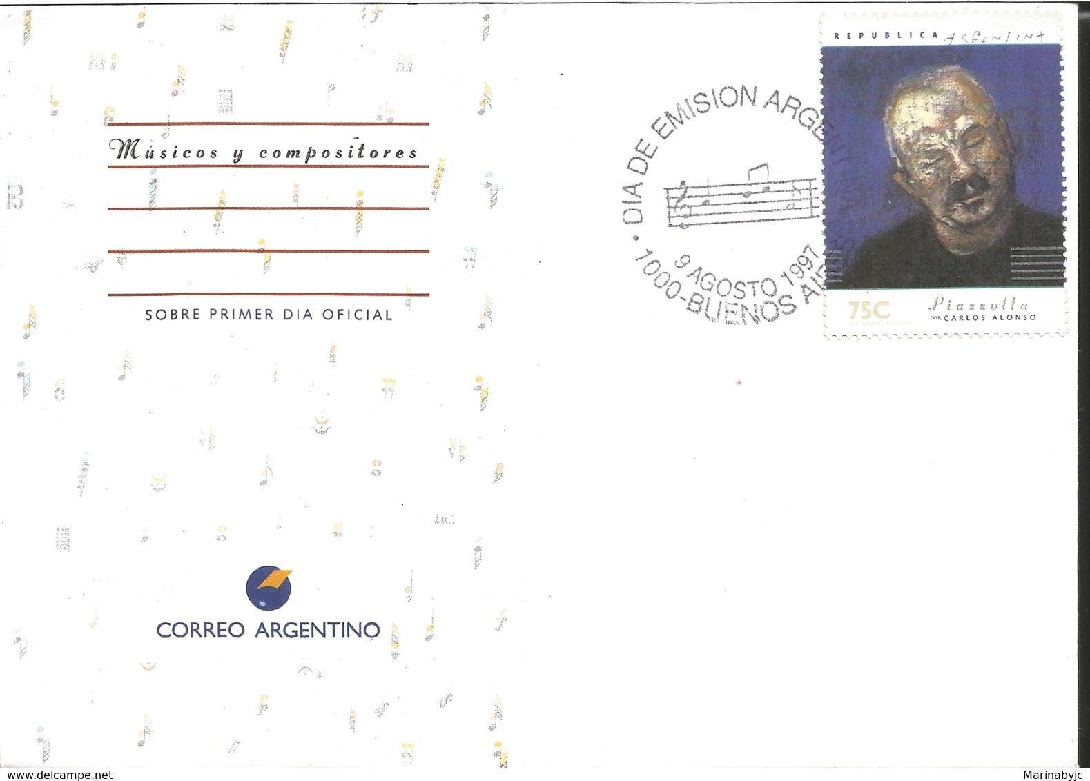 J) 1997 ARGENTINA, MUSICIANS AND COMPOSERS, PIAZZOLLA BY CARLOS ALONSO, GINASTERA BY CARLOS NINE, ROILO BY HERMENEGILDO - Lettres & Documents