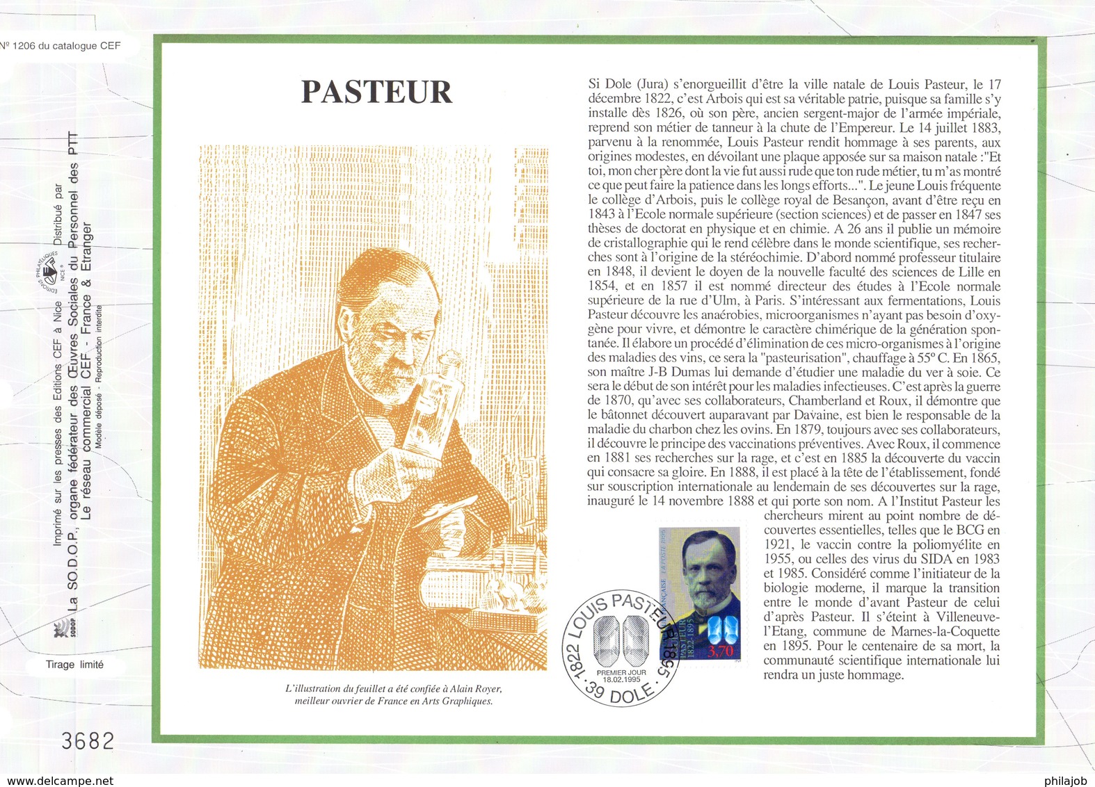 " PASTEUR " Sur Feuillet CEF 1er Jour De 1995. N°YT 2925. Parfait état. - Louis Pasteur