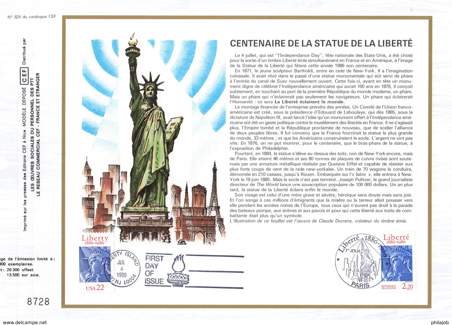 " FRANCE - USA 1986 : STATUE DE LA LIBERTE " Sur Feuillet CEF 1er Jour De 1986. N°YT 2421 + USA 1672. Parfait état. - Gemeinschaftsausgaben