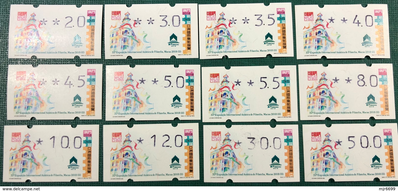 MACAU 2018 ATM LABELS, 35th INTERNATIONAL STAMP EXHIBITION SET OF 12, UM MINT - KLUSSENDORF - Distributors