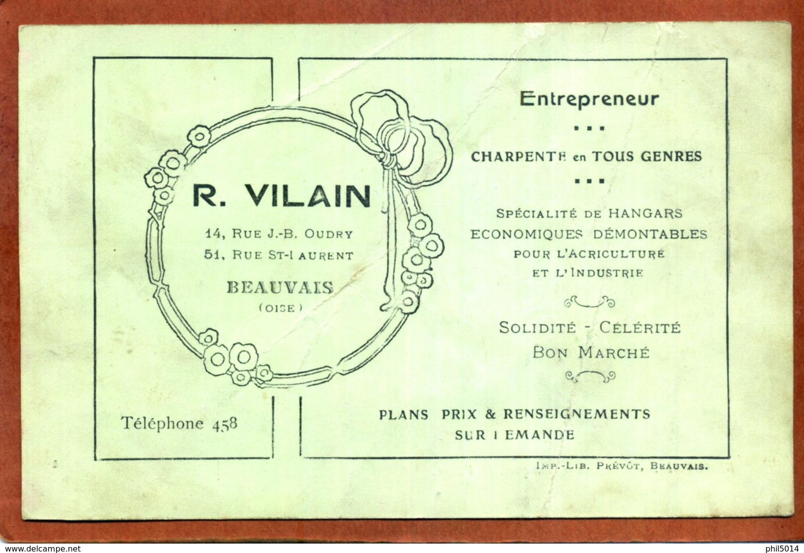60   Carton Publicitaire Format CPA    BEAUVAIS    Ets R Vilain   Rare    Plis Et Collage Au Dos - Beauvais
