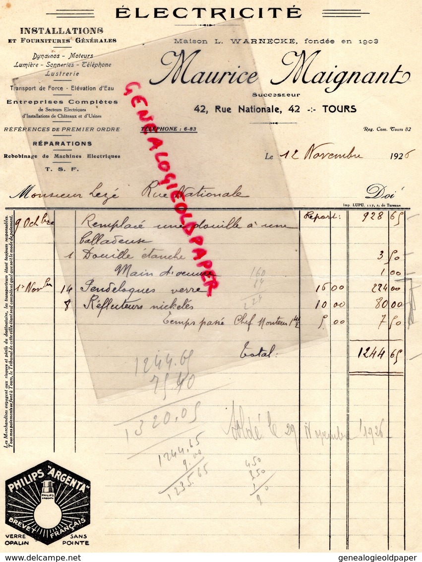 37- TOURS- RARE FACTURE MAURICE MAIGNANT-MAISON L. WARNECKE  ELECTRICITE- TSF- 42 RUE NATIONALE -1926 PHILIPS ARGENTA - Electricité & Gaz