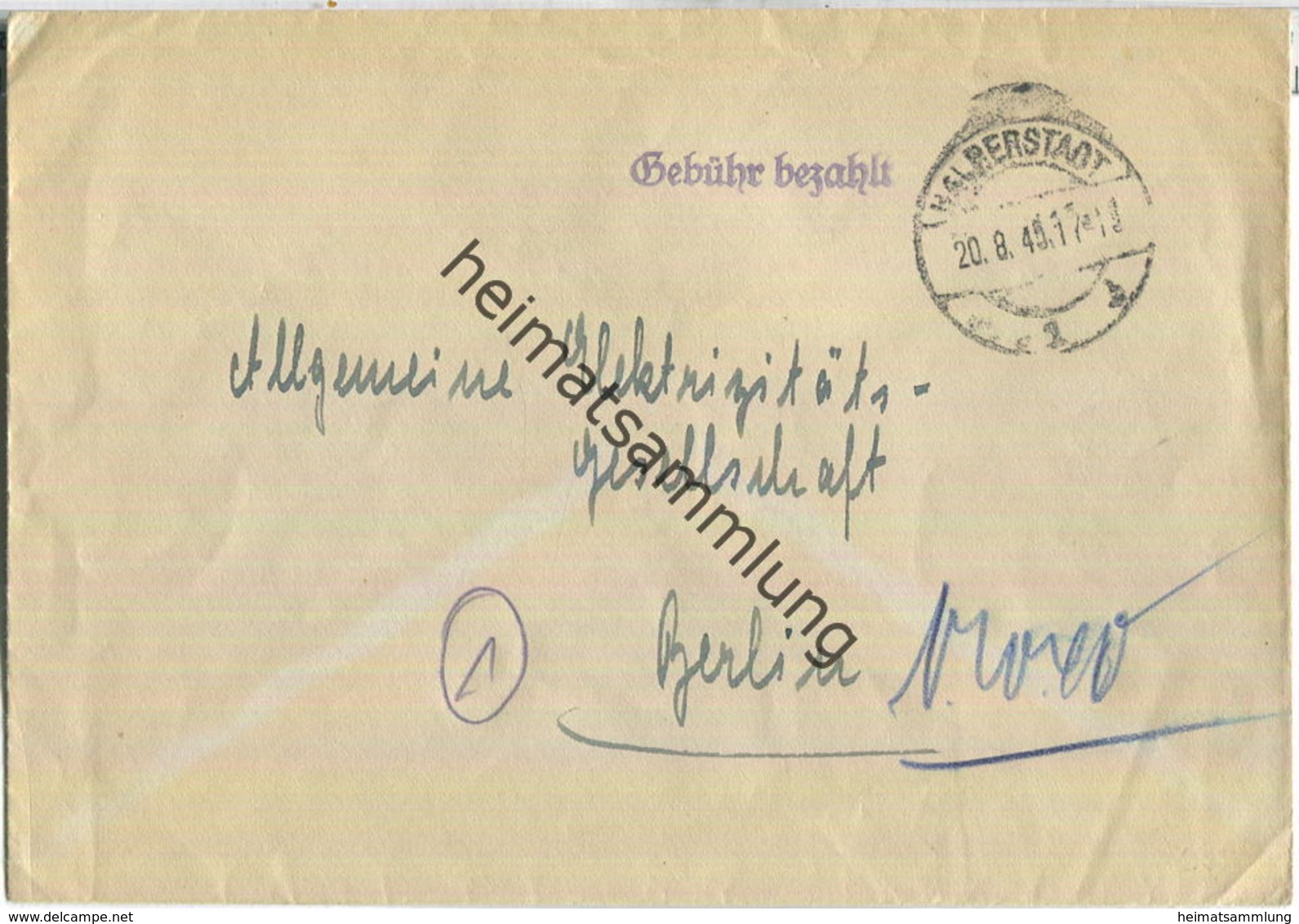 Brief Aus Halberstadt Vom 20.08.1945 Mit 'Gebühr Bezahlt' Stempel B1a In Violett - Sonstige & Ohne Zuordnung