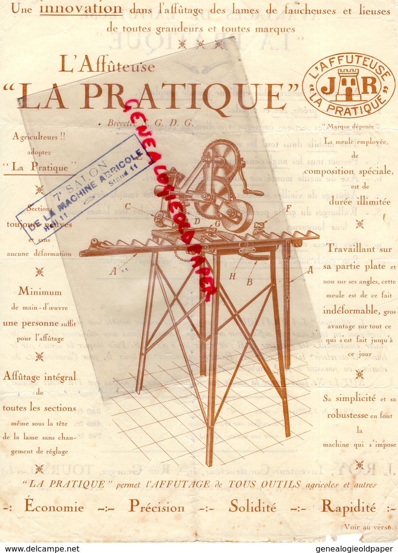 37- TOURS- RARE PUBLICITE L' AFFUTEUSE LA PRATIQUE- J.R.-J. ROY-INVENTEUR CONSTRUCTEUR-10 RUE GEORGET- - Reclame