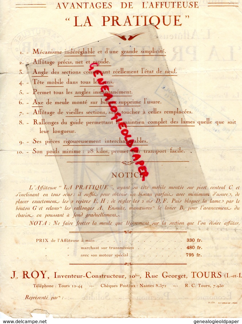 37- TOURS- RARE PUBLICITE L' AFFUTEUSE LA PRATIQUE- J.R.-J. ROY-INVENTEUR CONSTRUCTEUR-10 RUE GEORGET- - Reclame
