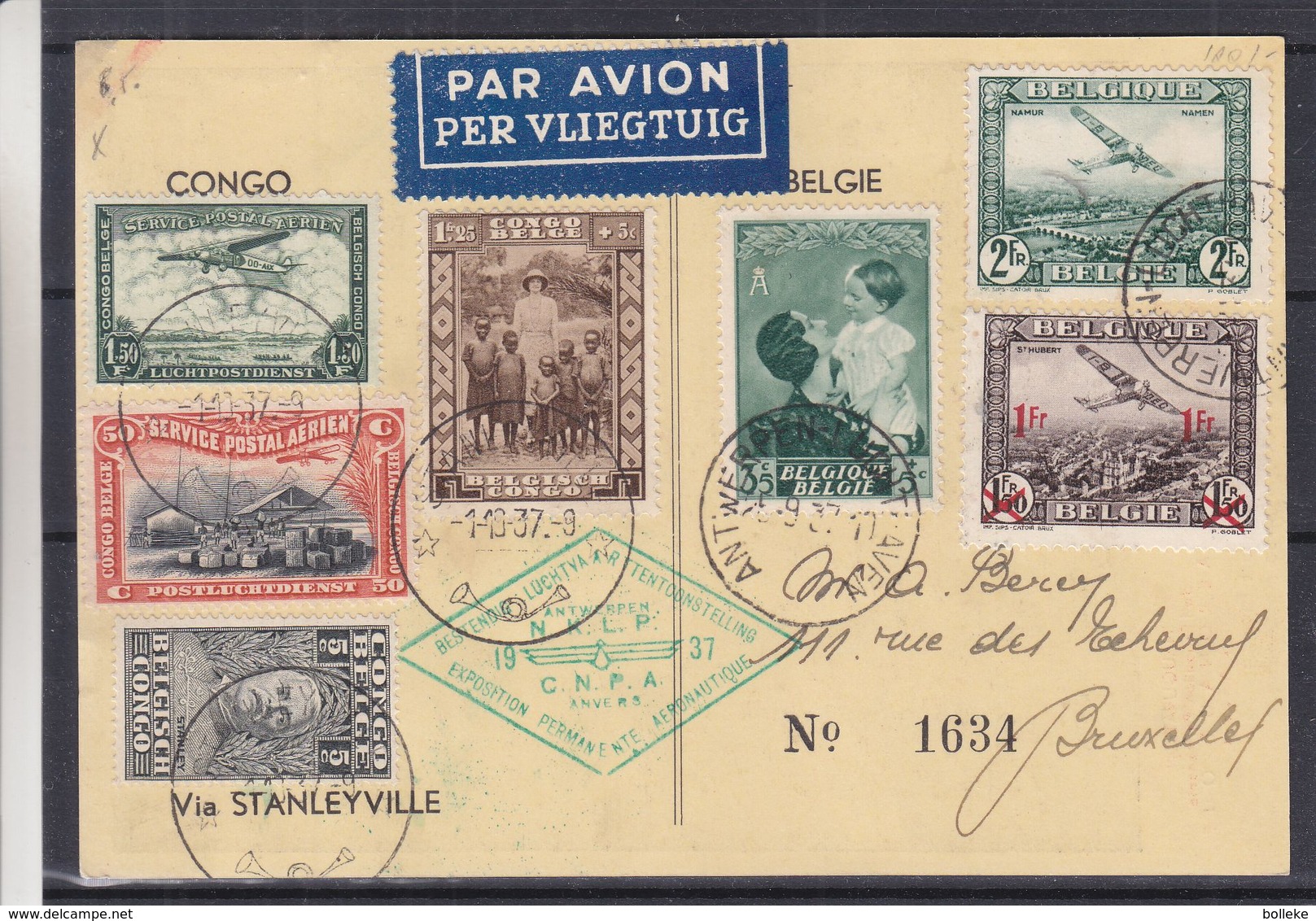 Belgique - Carte Postale De 1937 - Oblit Antwerpen - Expo Aéronautique - Avec Timbre Congo Belge - Oblit Stanleyville - Briefe U. Dokumente