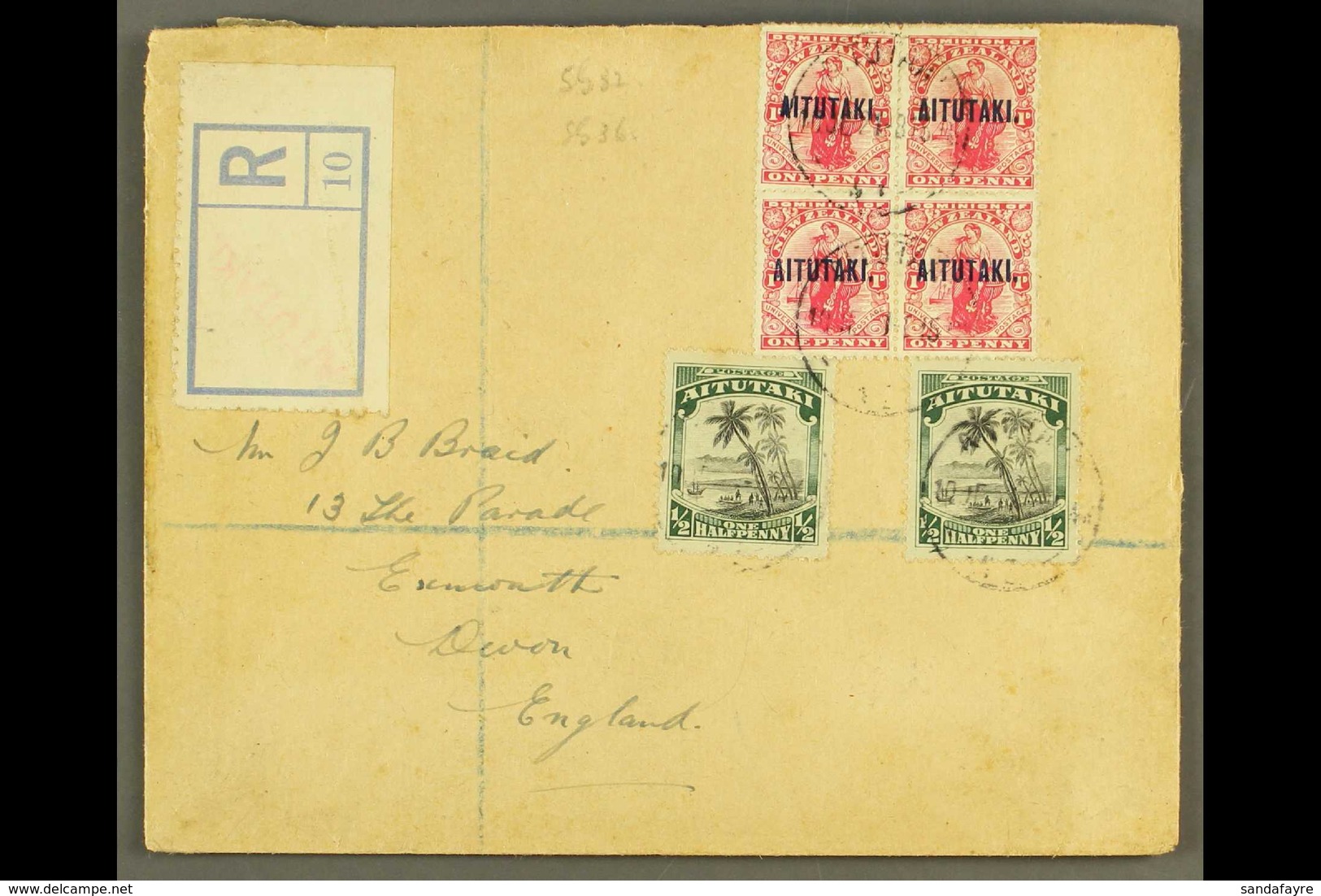 1921 (10 June) Env Registered To England Bearing 4d Carmine Block Of 4 And Two ½d Black And Greens (making A 5d Rate) Ti - Aitutaki