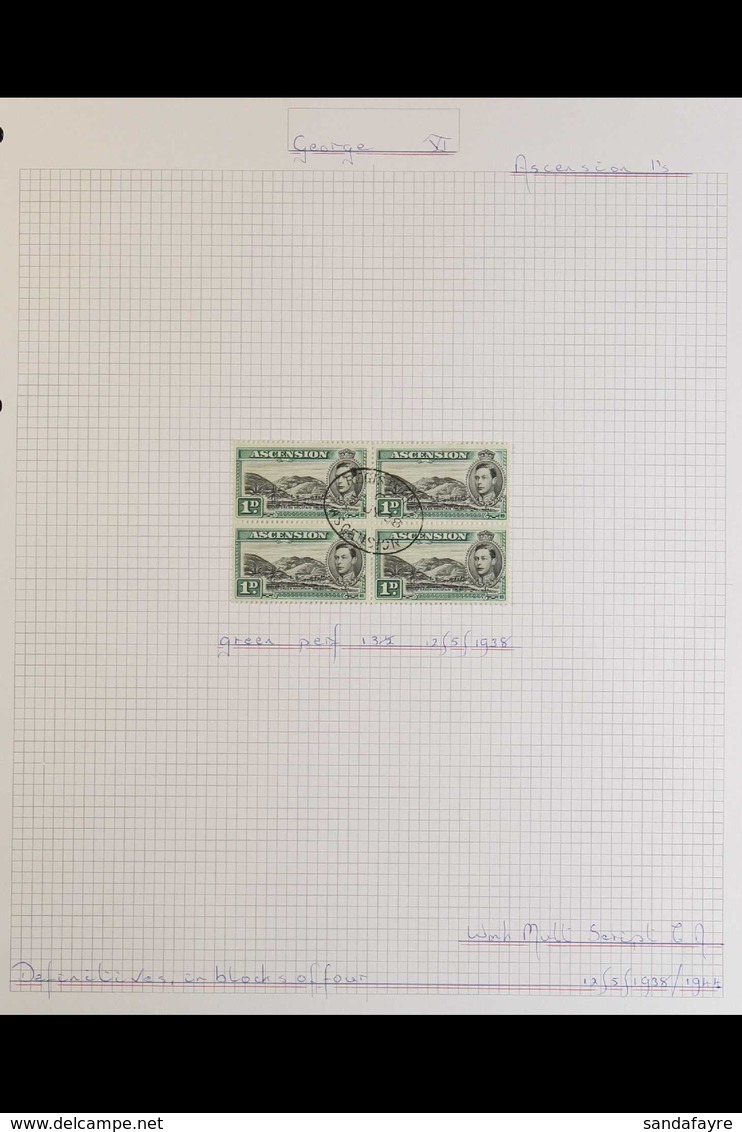 1938-53 KGVI Definitives, VERY FINE USED BLOCKS OF FOUR, Sixteen Different Incl. Perf.13½ 1d, 2d Red-orange, 6d, 1s, 2s6 - Ascensión