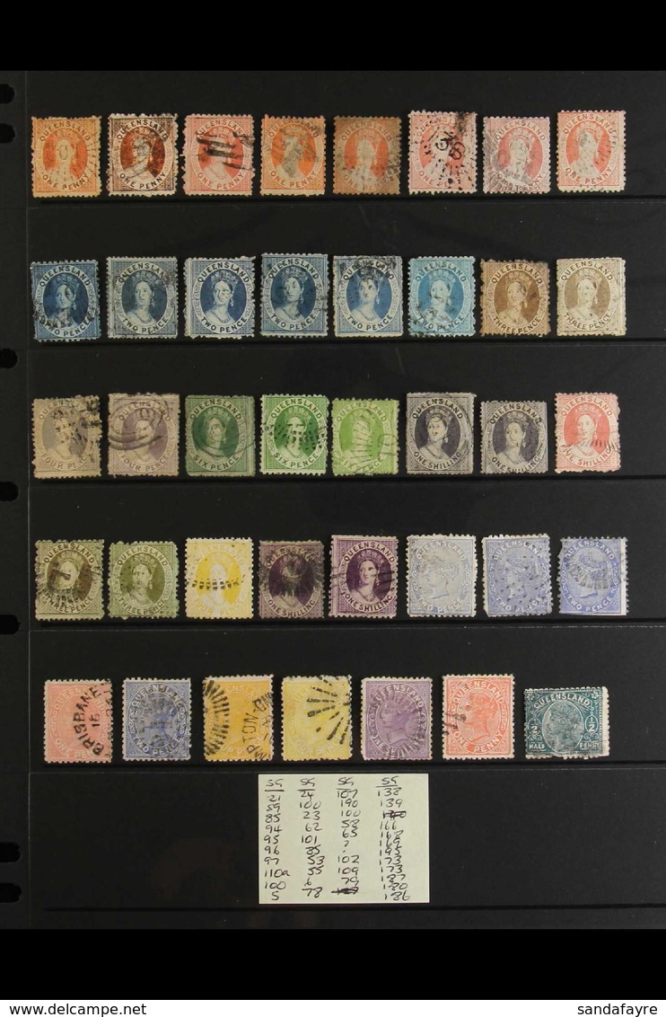 QUEENSLAND Used Group From SG 5 To SG 195, Best Is The 1866-67 5s Pale Rose SG 58 And The 1868-70 1d Orange- Vermilion P - Otros & Sin Clasificación