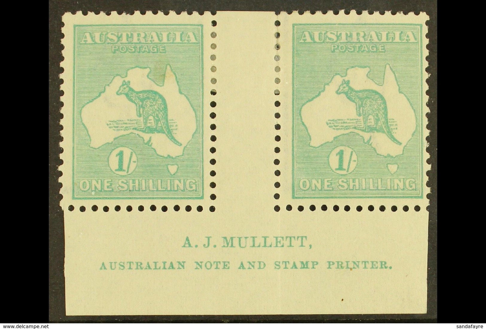 1915-27 1s Blue-green Kangaroo, Die II, SG 40, MULLETT Imprint Gutter Pair, Very Fine Mint. (2 Stamps) For More Images,  - Otros & Sin Clasificación