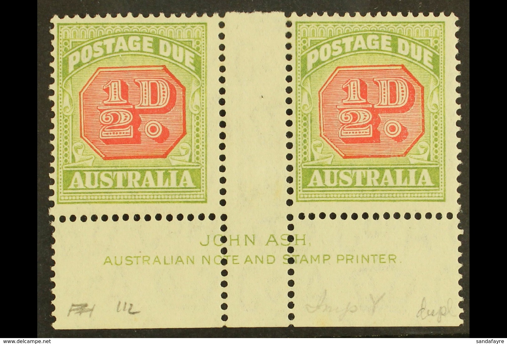 POSTAGE DUE 1938 ½d Carmine And Green, SG D112, JOHN ASH Gutter Imprint Pair, Fine Mint. (2 Stamps) For More Images, Ple - Otros & Sin Clasificación