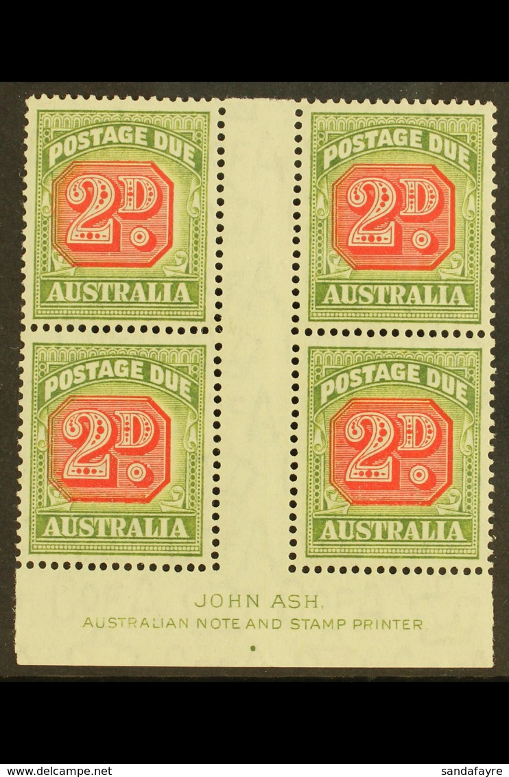 POSTAGE DUE 1946-57 2d Carmine And Green, SG D121, JOHN ASH Imprint Block Of Four, Very Fine Mint. (4 Stamps) For More I - Otros & Sin Clasificación