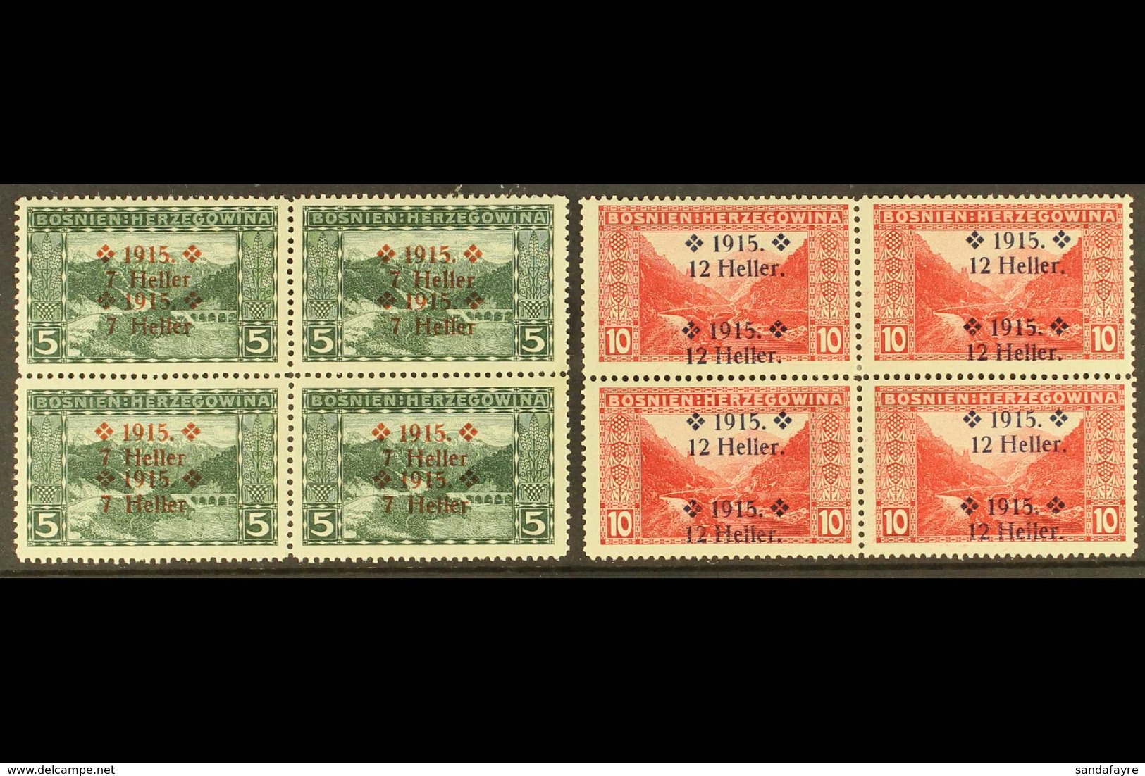 BOSNIA AND HERZEGOVINA 1915 7h On 5h Deep Green & 12h On 10h Carmine Landscapes DOUBLE SURCHARGES Varieties, Michel 91/9 - Otros & Sin Clasificación