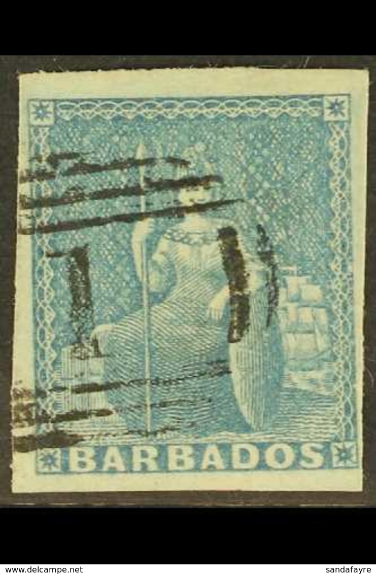 1852 (1d) Blue Britannia, SG 3, Very Fine Used With Clear To Large Margins All Round And Light "1" Cancel. Lovely Colour - Barbados (...-1966)
