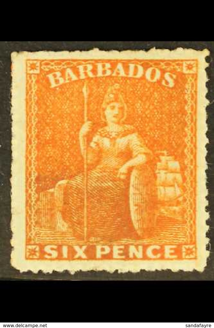 1861-70 6d Bright Orange-vermilion, No Watermark, Perf.14 To 16, SG 31, Very Fine Mint. For More Images, Please Visit Ht - Barbados (...-1966)