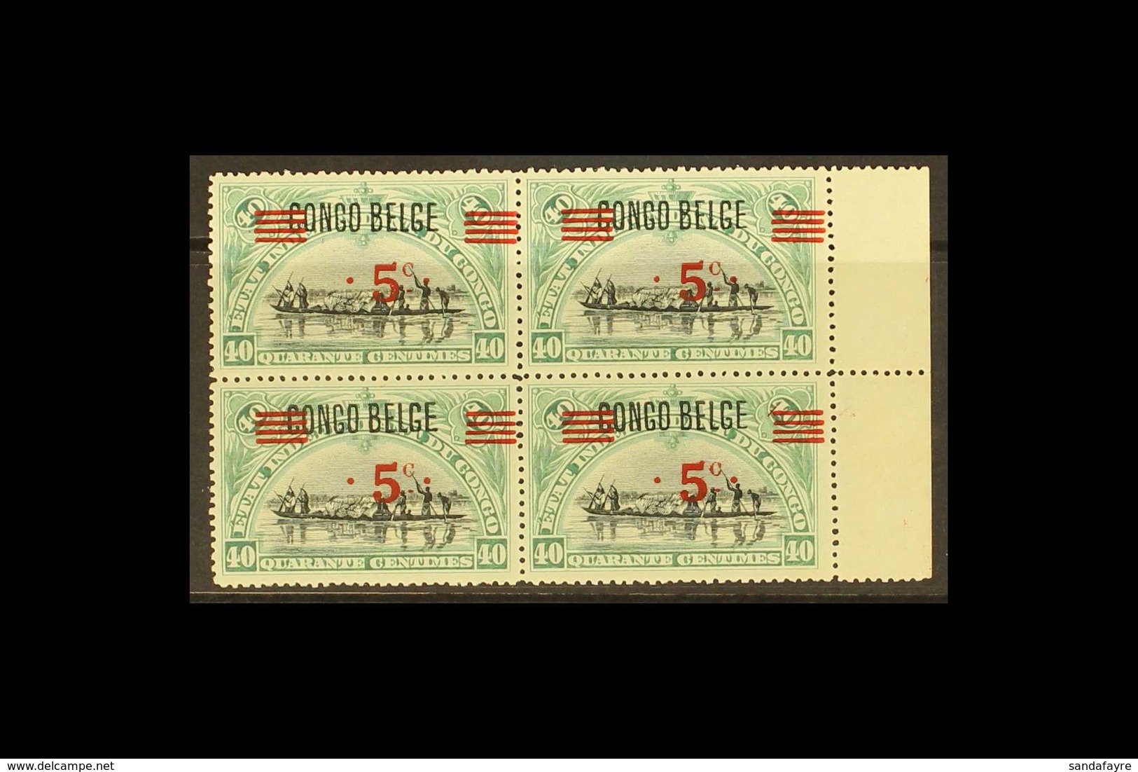 BELGIAN CONGO 1921 5c On 40c Black And Green With CONGO BELGE Overprint, COB 85A, Never Hinged Mint Block Of Four With M - Otros & Sin Clasificación