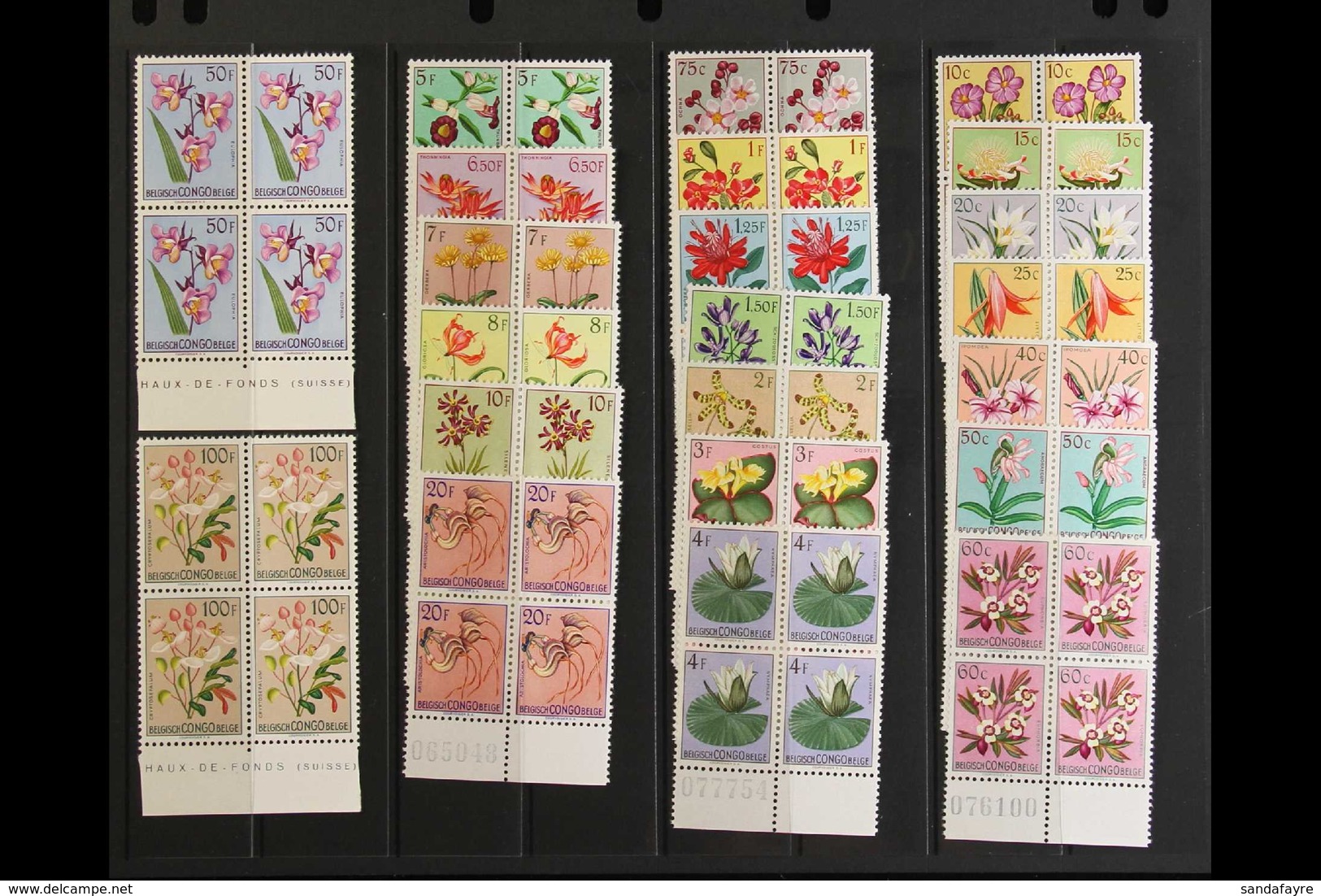 BELGIAN CONGO 1952-53 Flowers Set, COB 302/323, In Fine Never Hinged Mint Lower Marginal Blocks Of Four. (22 Blocks) For - Otros & Sin Clasificación