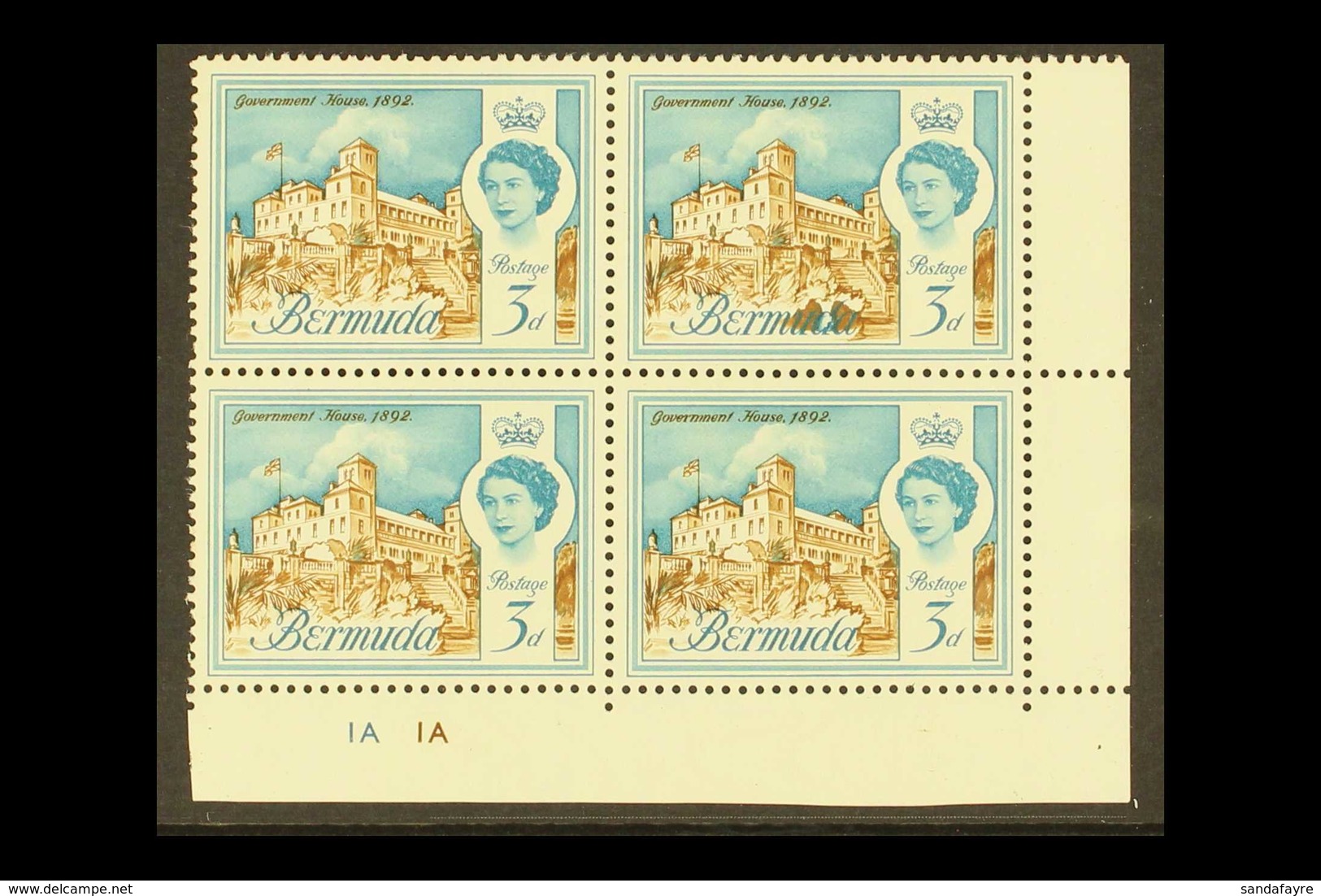 1962-68 3d Definitive, SG 165, Never Hinged Mint Lower Right PLATE BLOCK Of 4 With One Stamp Showing Large PRINTING FLAW - Bermudas