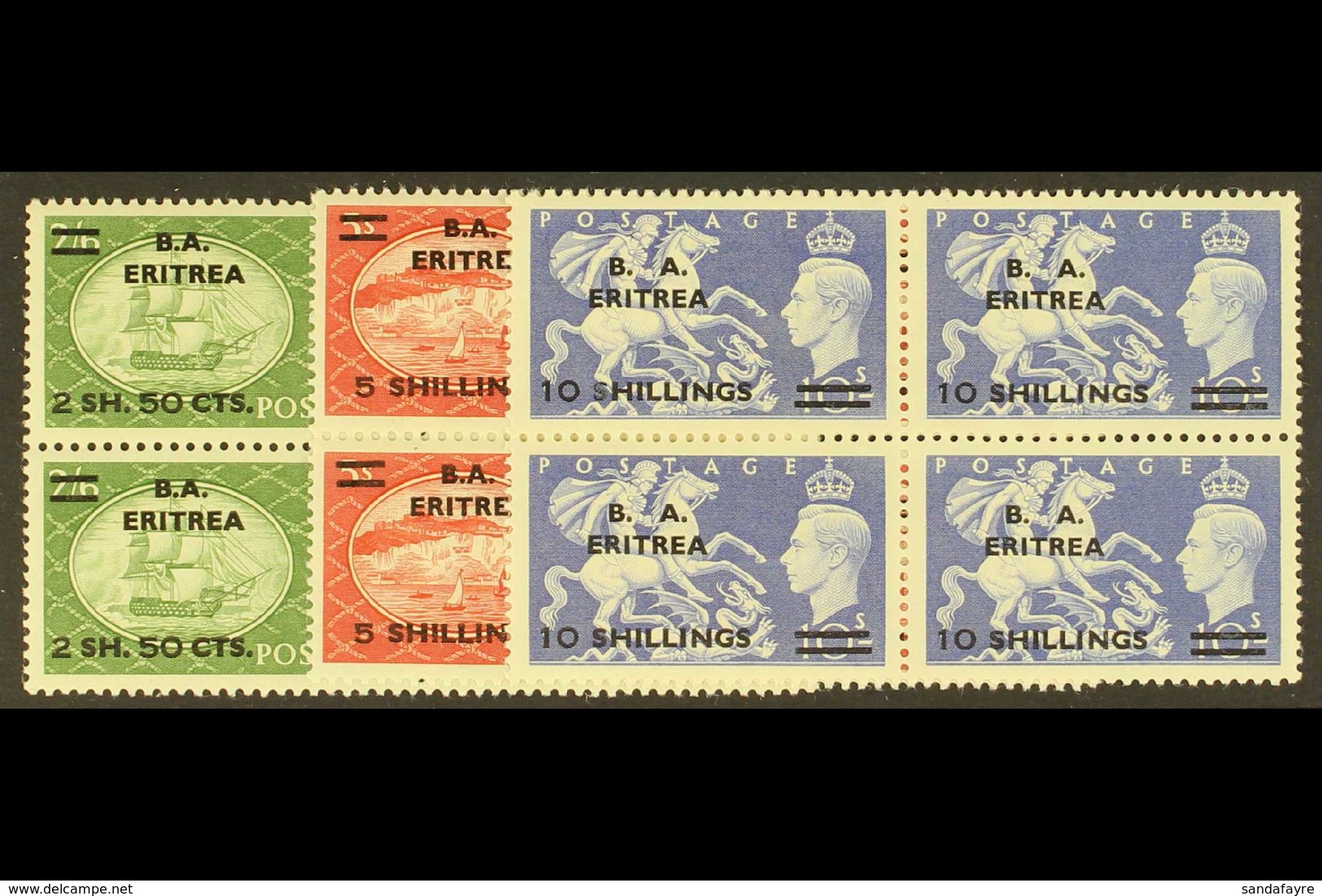 ERITREA 1951 2s50 - 10s Festival  High Val Surcharges, SG E30/32, In Never Hinged Mint Blocks Of 4. (12 Stamps) For More - Africa Oriental Italiana