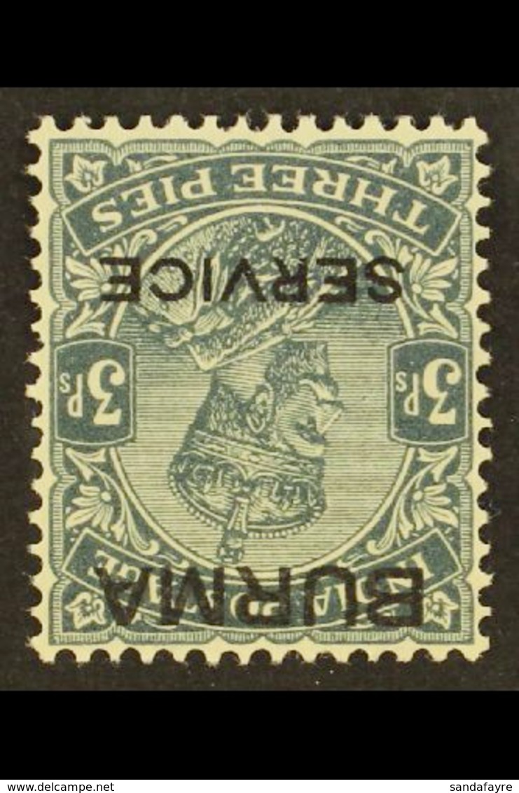 1937 Official 3p Slate, Watermark Inverted, SG O1w, Very Fine Mint. For More Images, Please Visit Http://www.sandafayre. - Burma (...-1947)