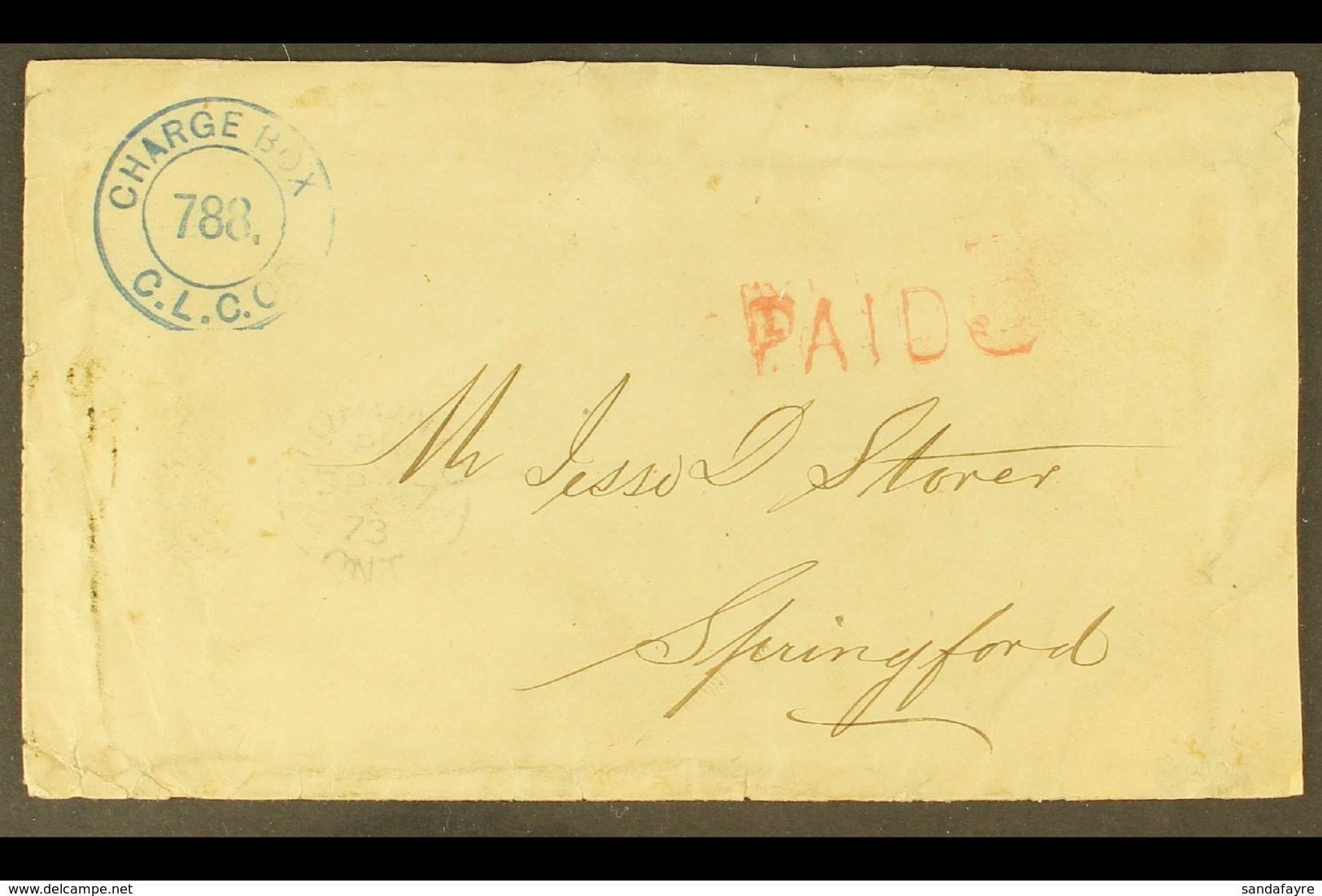 1873 Stampless Cover Addressed To Springford With Straight Line Red "PAID 3", Alongside Toronto Cds And Fine Blue "CHARG - Otros & Sin Clasificación
