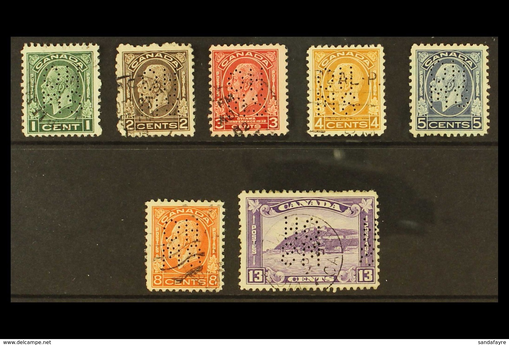 OFFICIALS 1932-33 "Medallions" Complete Set Punctured With Type O1 "OHMS" Perfins, SG O65/O71, Good To Fine Used. (7 Sta - Otros & Sin Clasificación