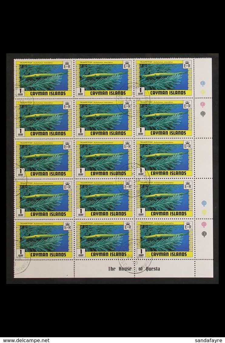1979 1c Fish WATERMARK CROWN TO RIGHT OF CA Variety, SG 483w, Superb Cds Used Lower Right Corner IMPRINT BLOCK Of 15, Fr - Caimán (Islas)