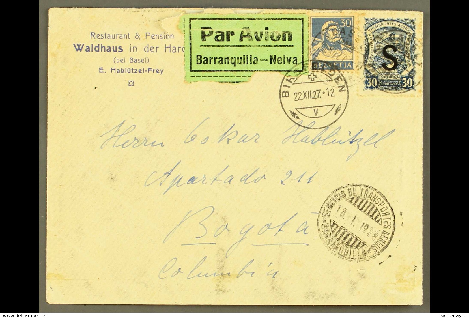 SCADTA 1927 (22 Dec) Cover From Switzerland Addressed To Bogota, Bearing Switzerland 30c And SCADTA 1923 30c With "S" Co - Colombia