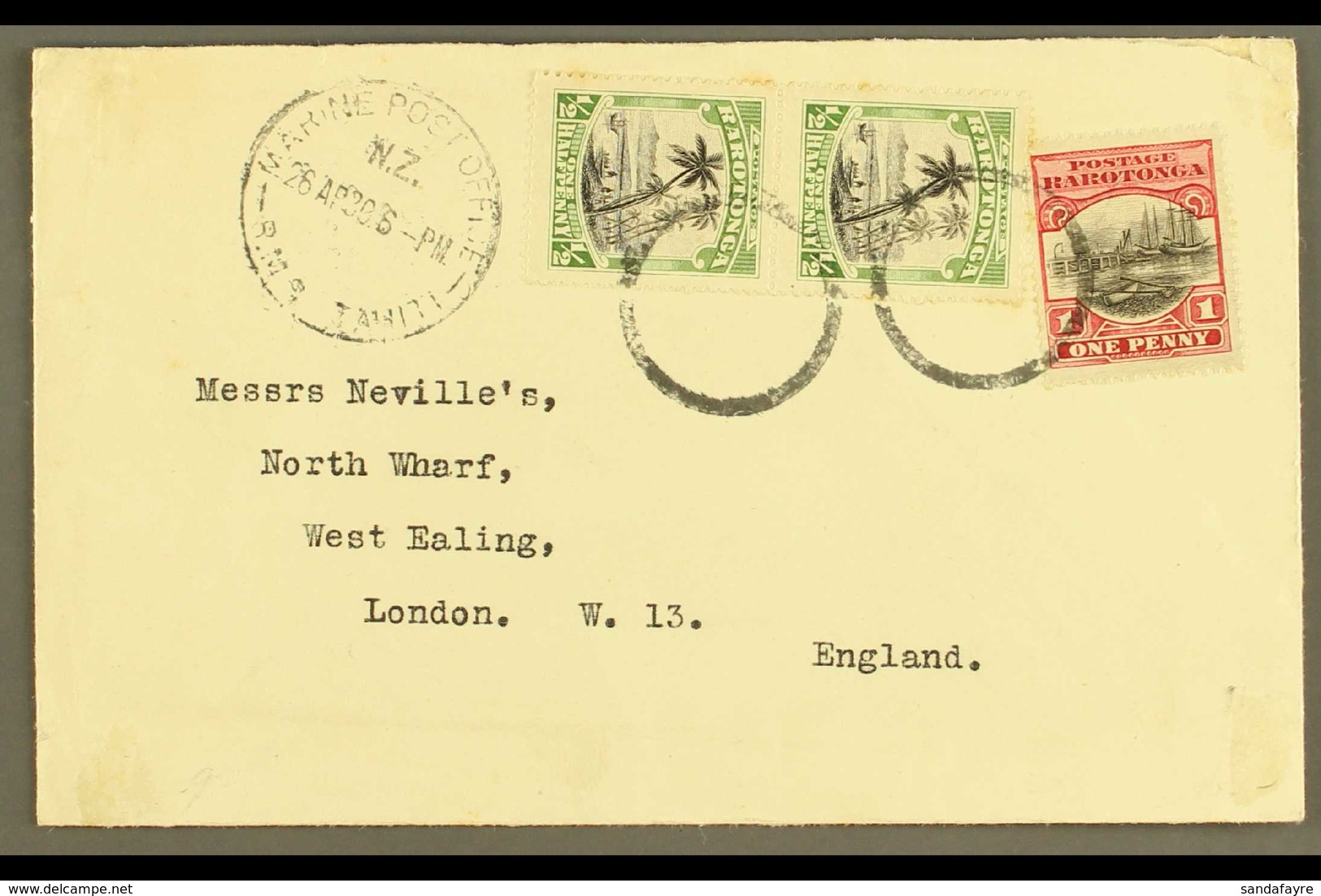 1930 (April) Envelope To London, Bearing Pictorial ½d Pair And 1d Tied By "dumb" Circles, Marine Post Office R.M.S. Tahi - Islas Cook