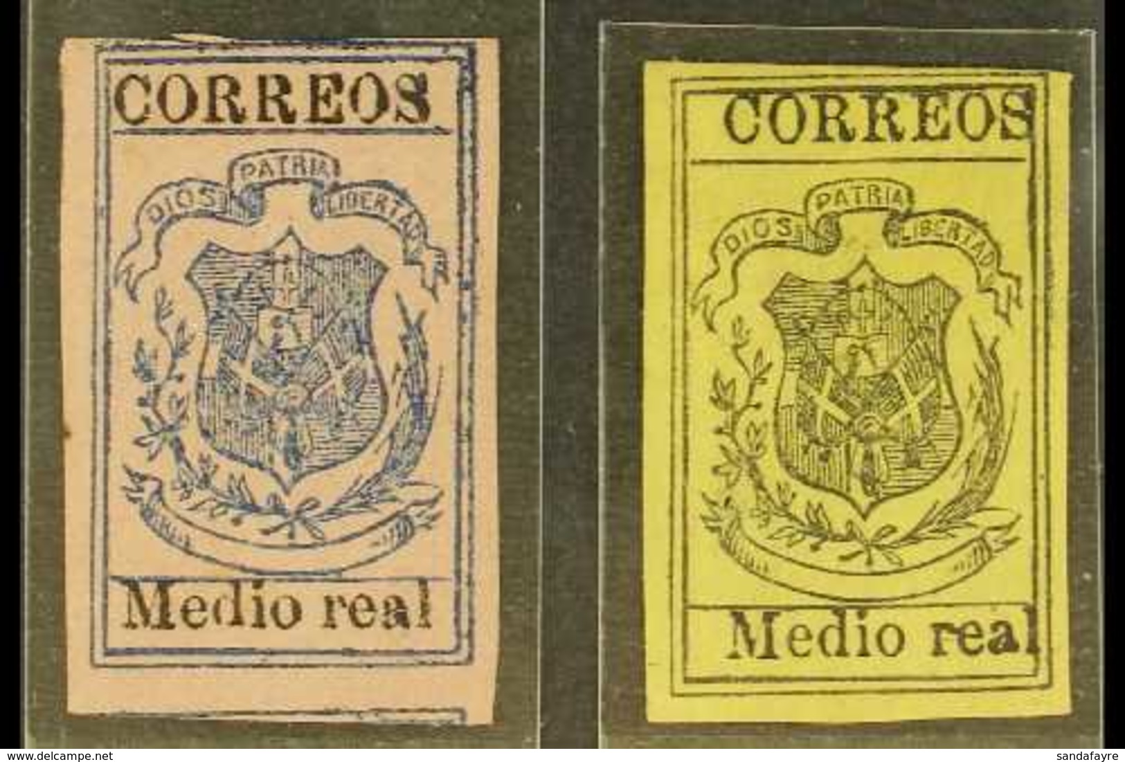 1866-74 Medio Real, Black & Blue On Rose And Black On Yellow, Imperf, SG 18/19, Unused (2 Stamps). For More Images, Plea - República Dominicana