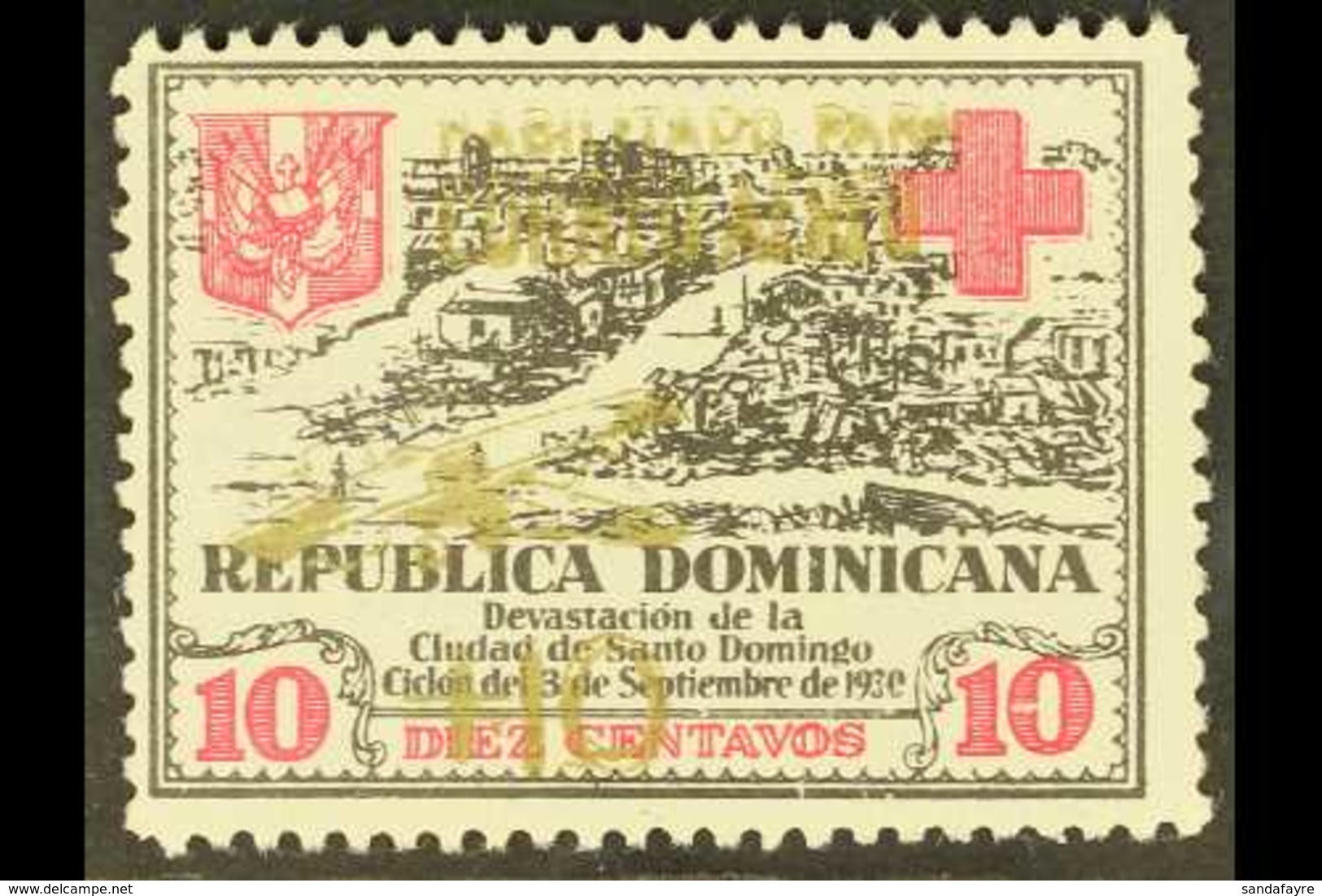 1930 HURRICANE RELIEF 10c + 10c Black & Carmine, GOLD SURCHARGE, SG 291Ab, Very Fine Mint, Signed. For More Images, Plea - República Dominicana