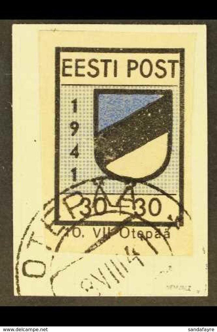 1941 OTEPAA LOCAL STAMP. 1941 30+30k Black And Ultramarine Type II IMPERFORATE, Michel 2B II, Very Fine Used Tied To Pie - Estonia