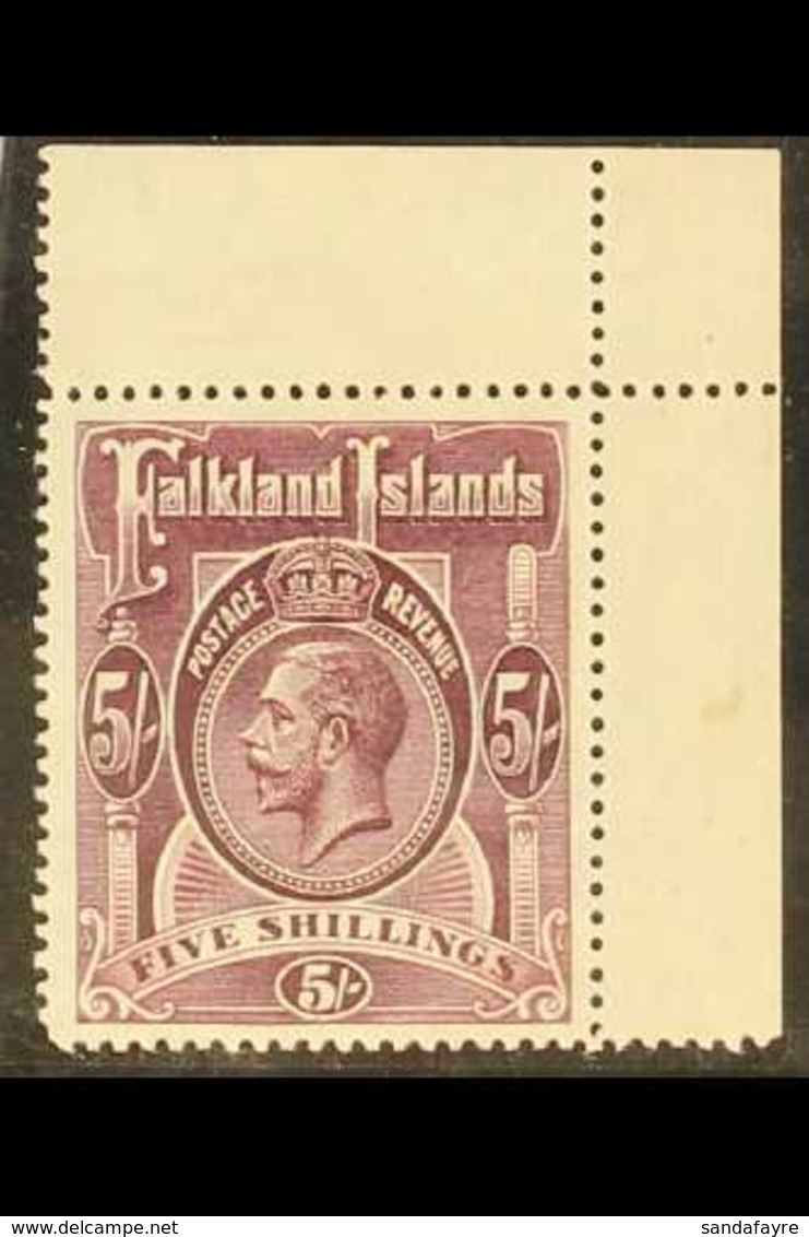 1912-20 KGV 5s Reddish Maroon, SG 67a, Superb Mint Upper Right Corner Example, The Stamp Never Hinged. With RPS Certific - Islas Malvinas